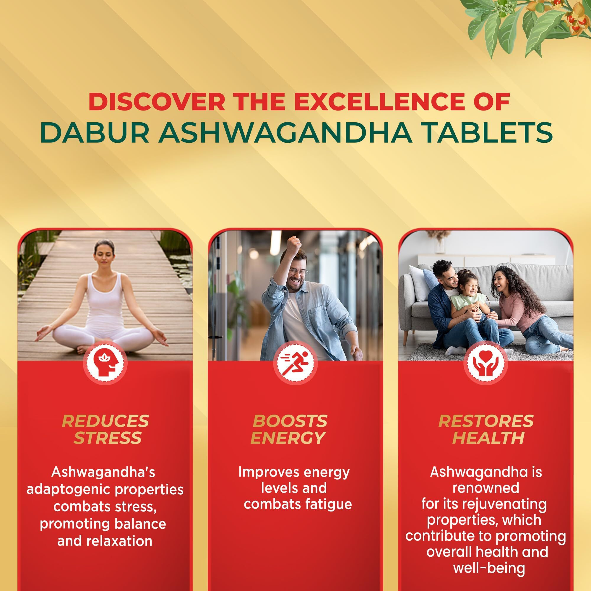 Dabur Ashwagandha Tablets - 60 tabs | General Wellness Tablets | Stress Relief | Rich in Antioxidants | Immunity Booster | Rich in Antioxidants | Rejuvenates Body