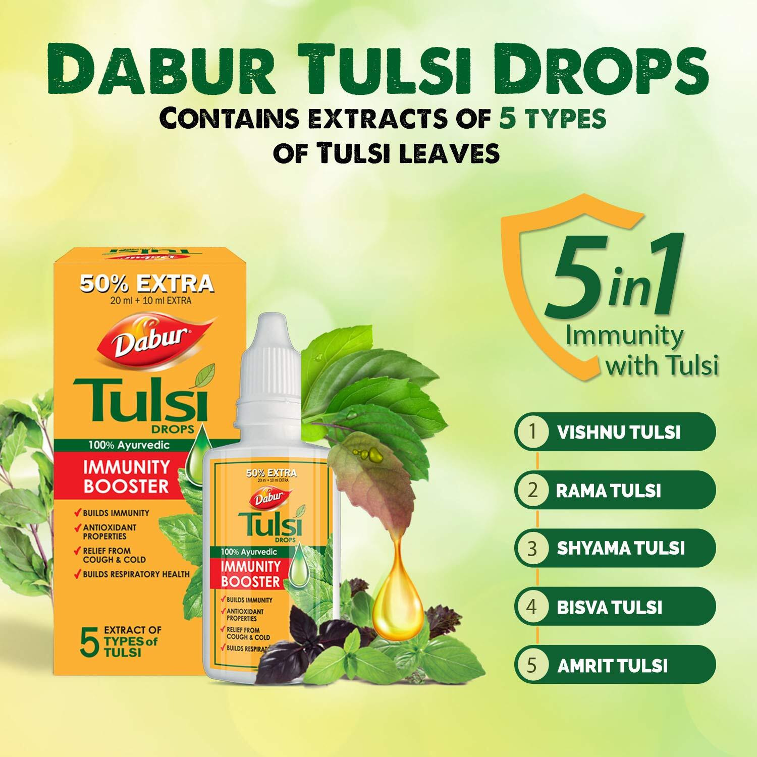 Dabur Tulsi Drops  30ml (20ml + 10ml Free) | Contains Extracts of 5 Rare Tulsi | Boosts Immunity | Cough And Cold Relief | 100% Ayurvedic | Builds Respiratory Health