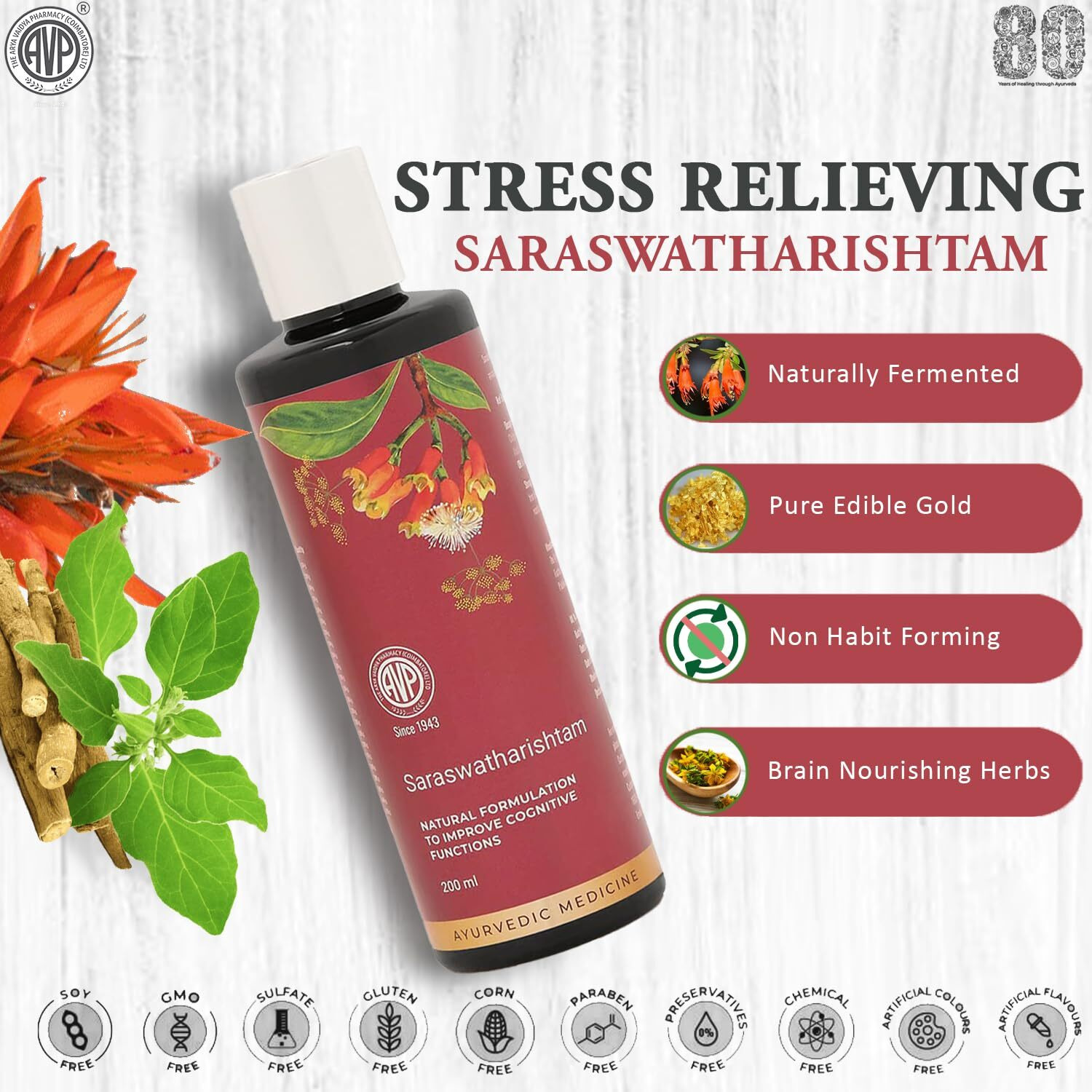 AVP Saraswatharistham 200 ml | Brain Booster | Ayurvedic Stress Relieving Formula Infused With Edible Gold, Brahmi and Ashwagandha | Improves Memory and Concentration | No Preservatives | No Chemicals