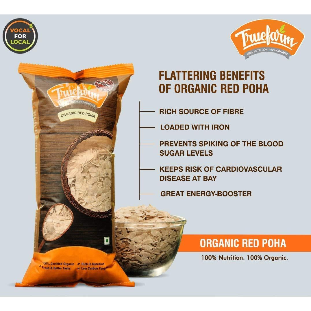 Truefarm Organic Red Poha | Red Flattened Rice | Low Fat Thin Rice Flakes, Rich in Fibre and Antioxidants | Easily Digestible & Helps Lower Blood Pressure | NPOP Certified | Pack of 3 (300g each)