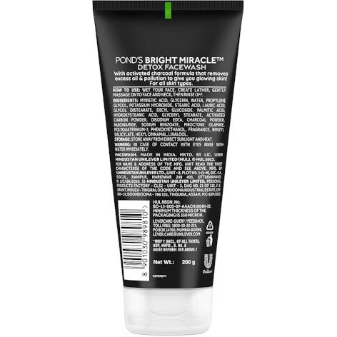 PONDs Pure Detox, Facewash, 200G, For Fresh, Glowing Skin, With Activated Charcoal, Daily Exfoliating & Brightening Cleanser, Pollution Clear Face Wash