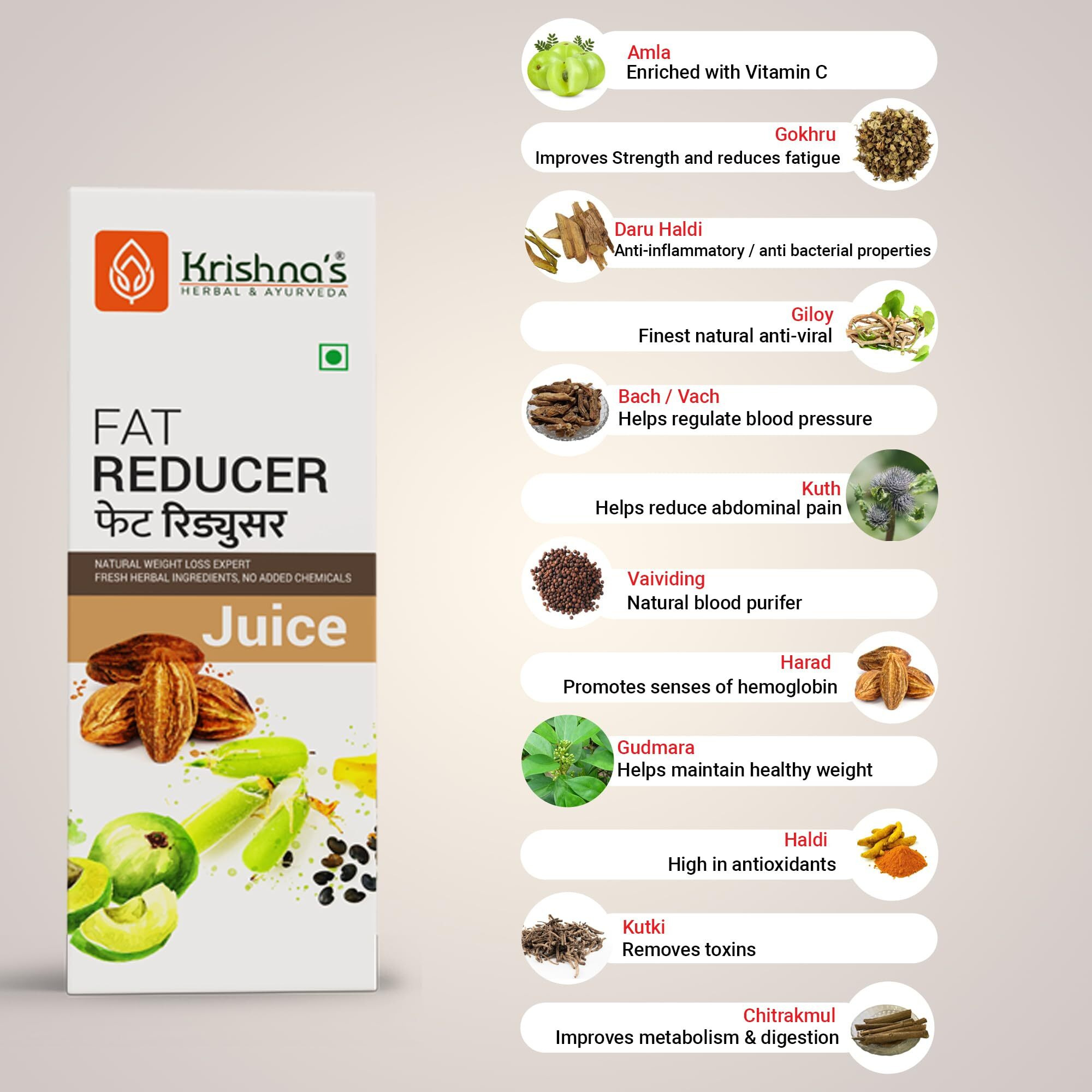 Krishnas Fat Reducer Juice - 1000 ml | (Pack of 1) | 12 Powerful herbs for Weight Management | Amla, Harad, Daru Haridra, Sunn Hemp | Aids Metabolism and Digestion