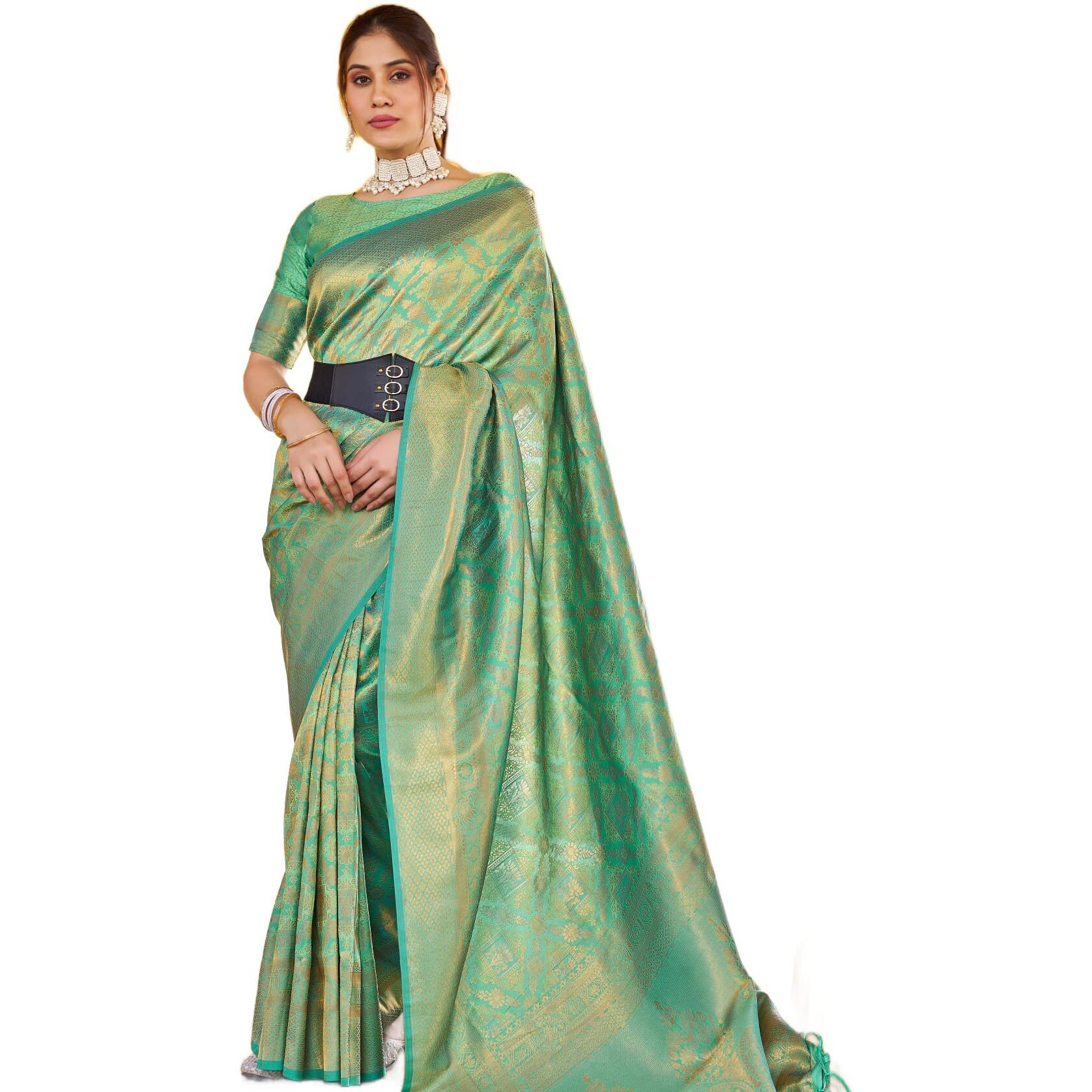 SWORNOF Womens Kanjivaram Banarasi Silk Patola Woven Design Saree With Unstitched Blouse Piece (GREEN)