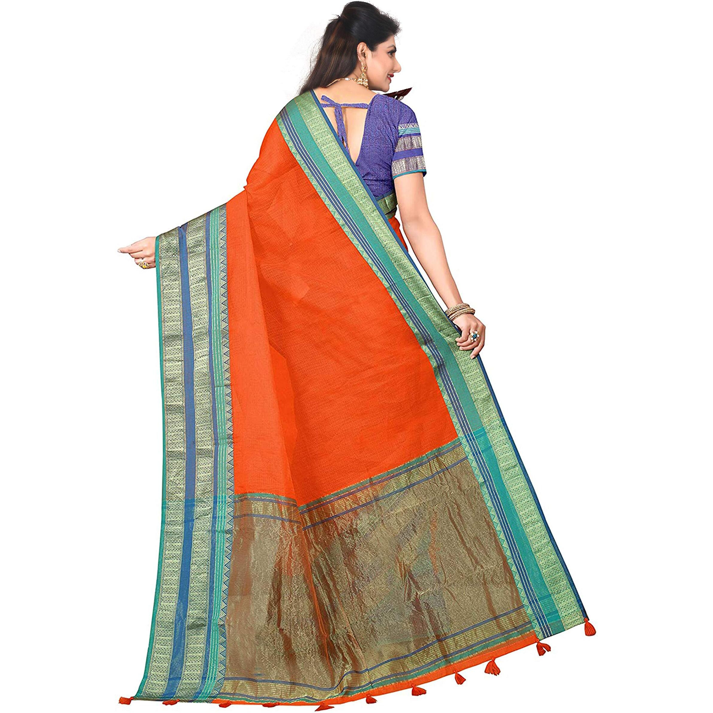 SWORNOF Womens kota doria Cotton SAREE (SW119_Orange)