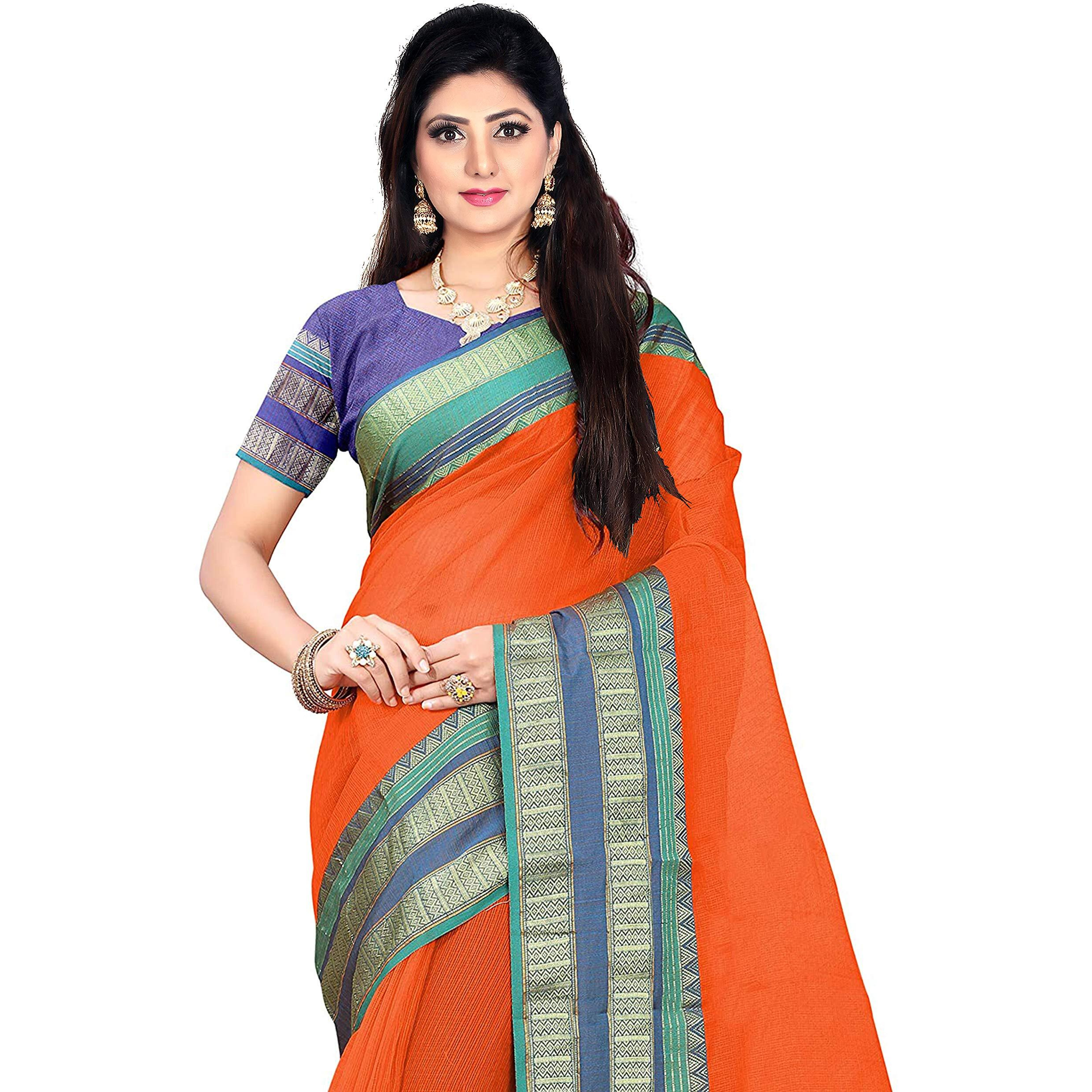 SWORNOF Womens kota doria Cotton SAREE (SW119_Orange)