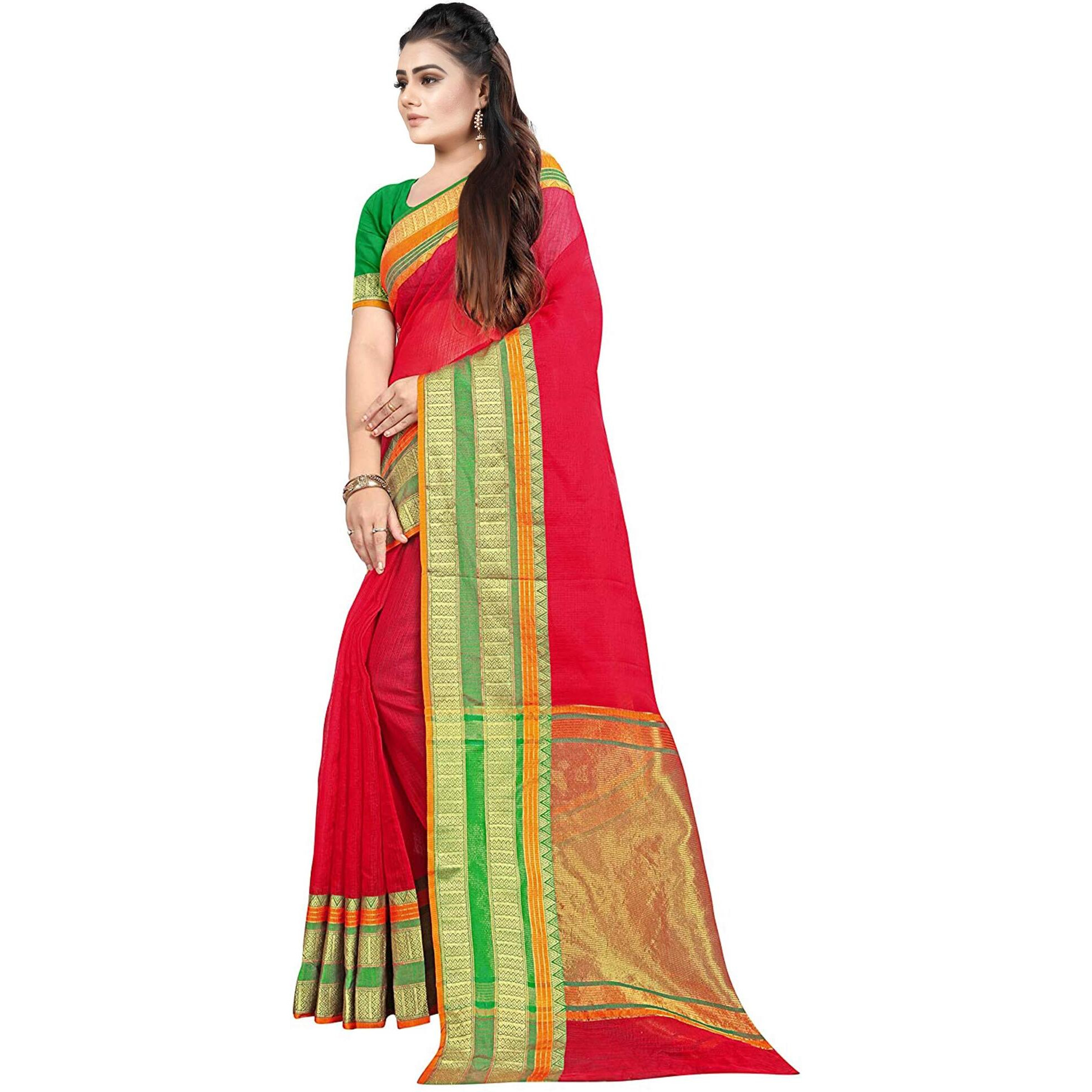 SWORNOF Womens kota doria Cotton SAREE (SW121_Red)