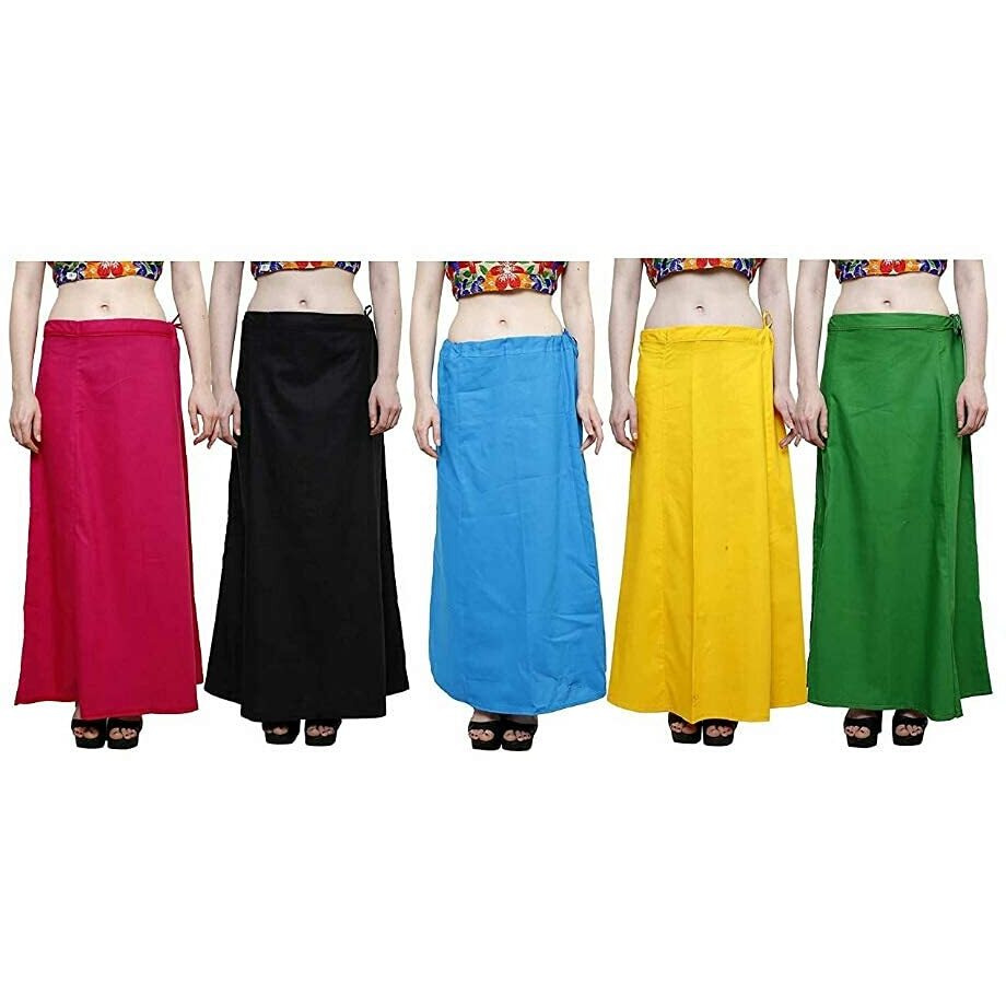 EFASHIONS Womens Cotton Inskirt Saree Petticoats Combo (Pack of 5) Red, Black, Green, Sky Blue and Yellow (Free Size)