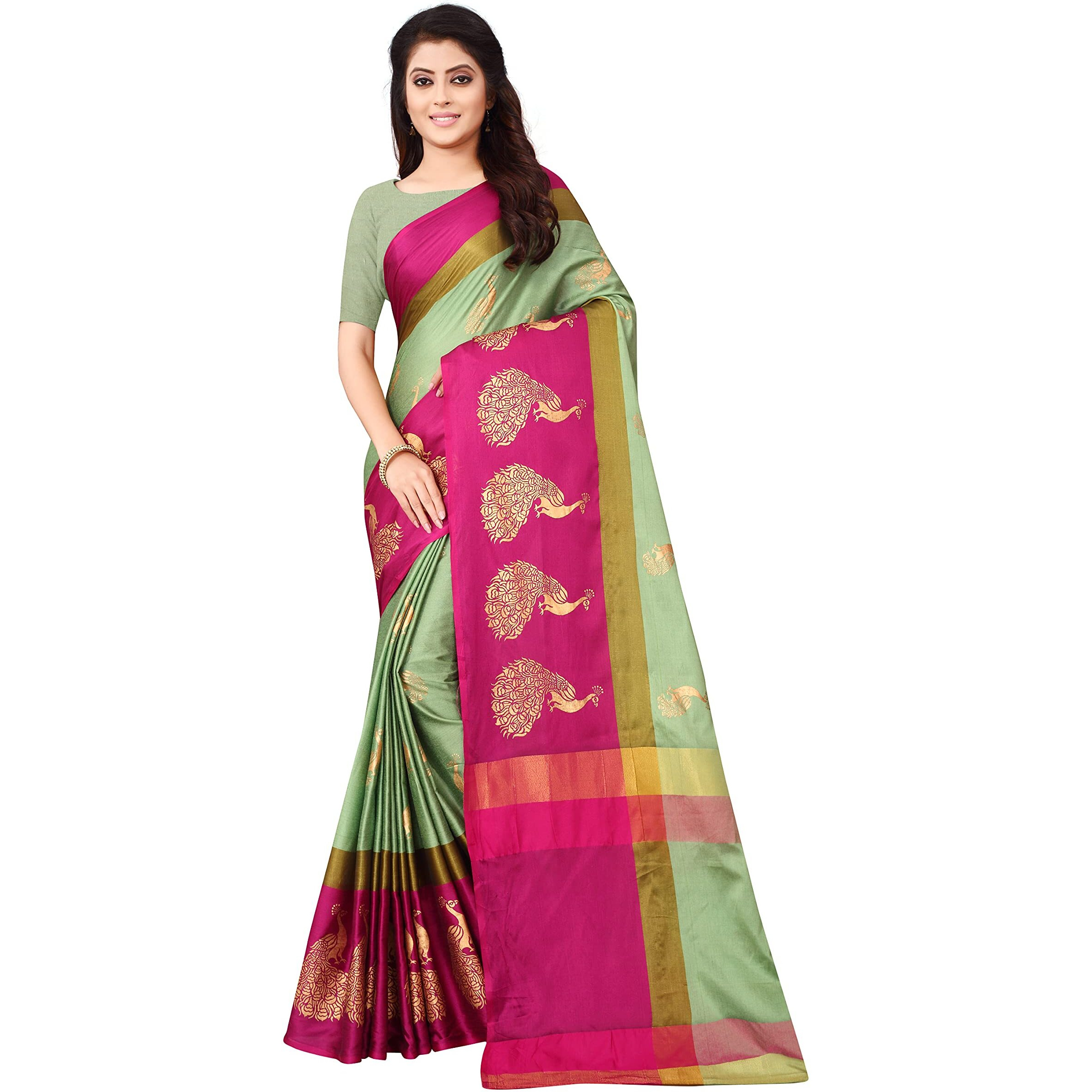 Greciilooks Womens Womens Banarasi Cotton Silk Cotton Regular Fit Saree (Pink & Green)