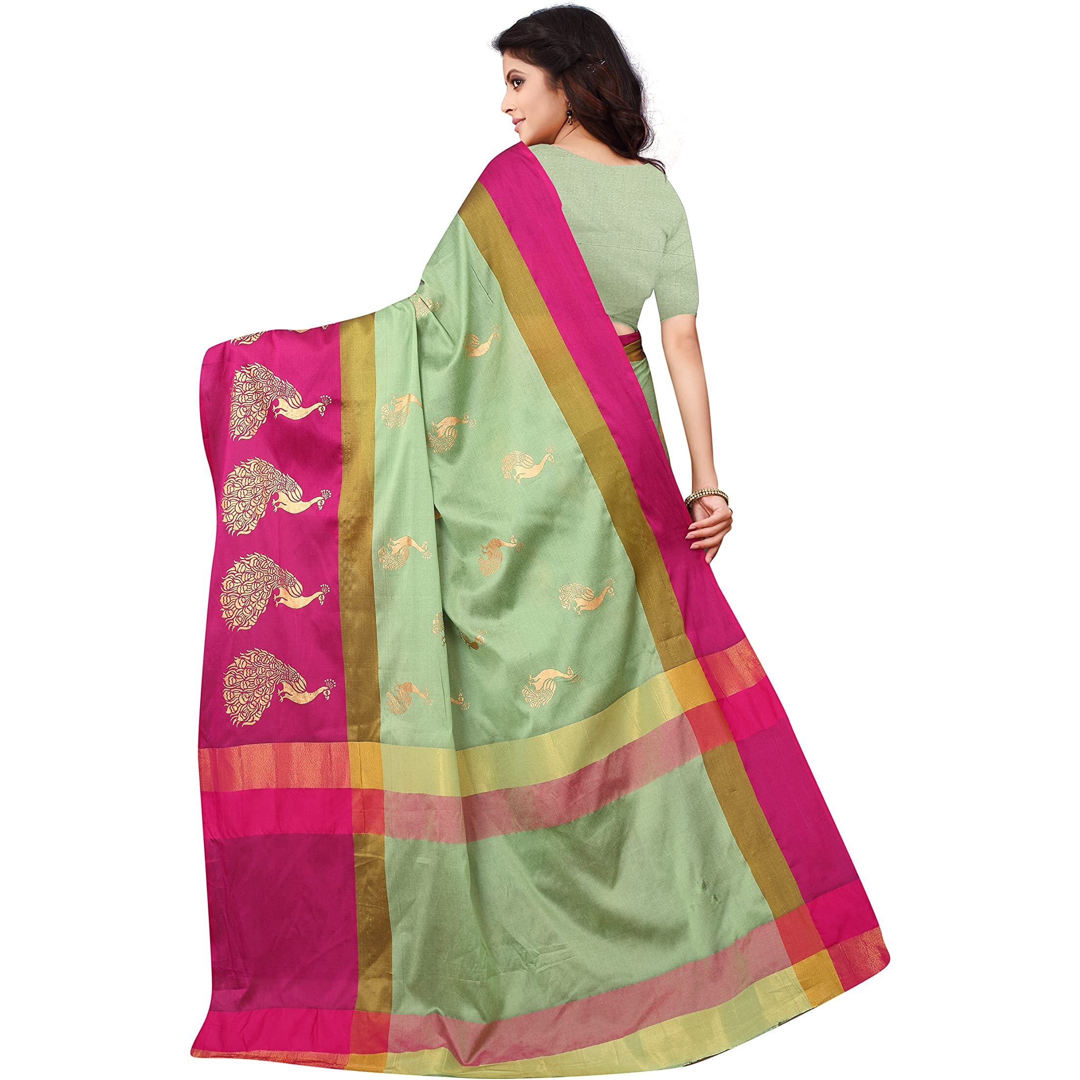 Greciilooks Womens Womens Banarasi Cotton Silk Cotton Regular Fit Saree (Pink & Green)