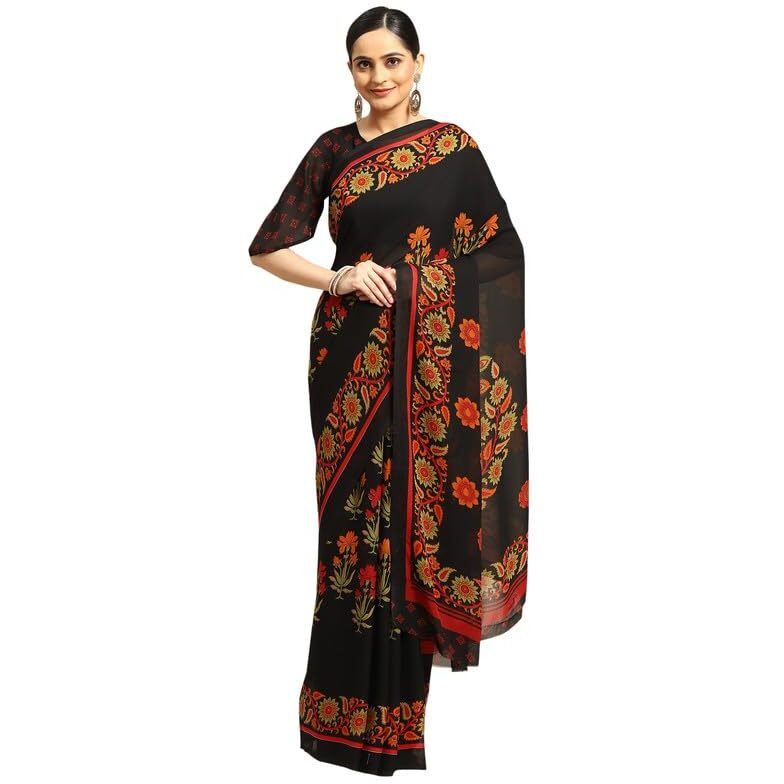 Vaamsi Womens Poly Georgette Floral Printed Traditional Saree With Blouse Piece (PC1154A_Black)