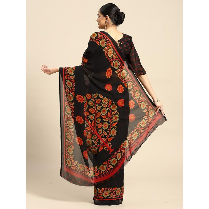 Vaamsi Womens Poly Georgette Floral Printed Traditional Saree With Blouse Piece (PC1154A_Black)