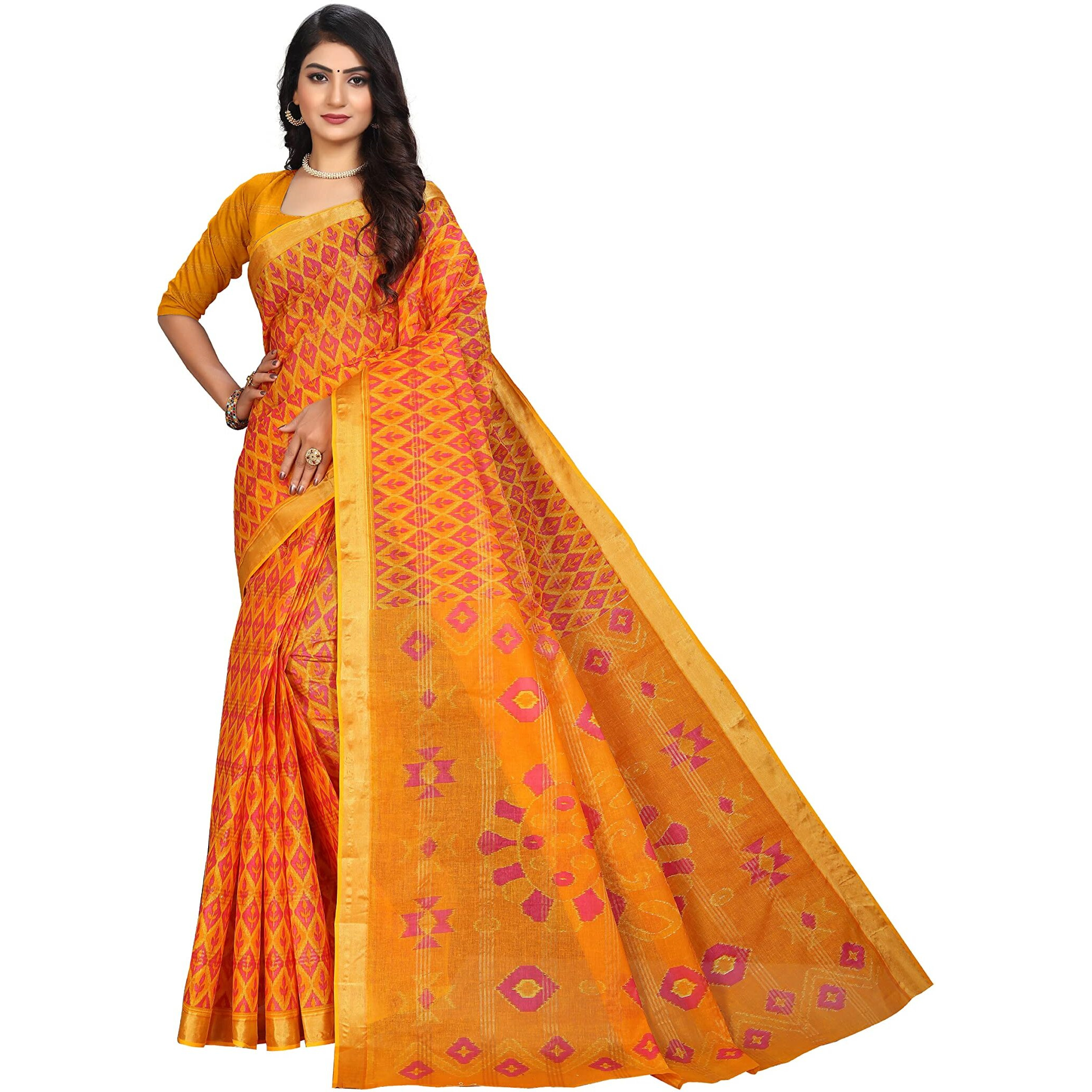 RATAN Pure Cotton Printed Mul Mul Saree for Women without Blouse Piece (BLR-2106_Yellow)