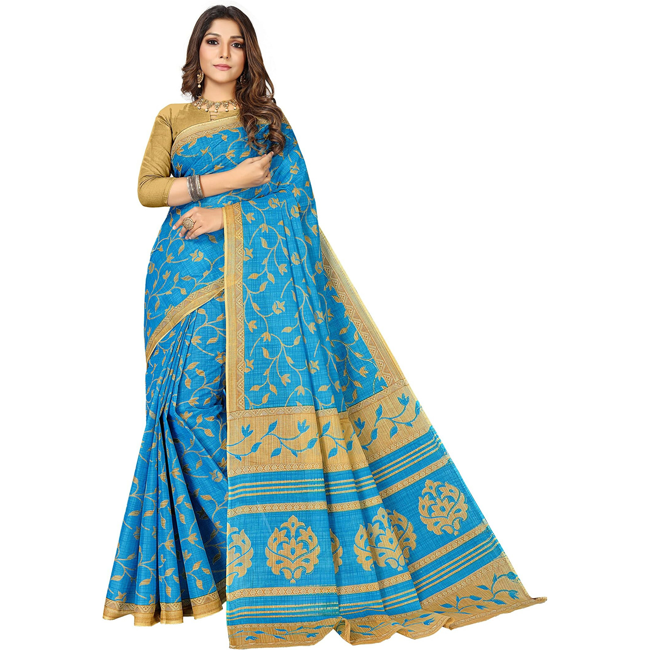 RATAN Womens Woven Cotton Saree Without Blouse Piece (Frsl-29256_Blue)