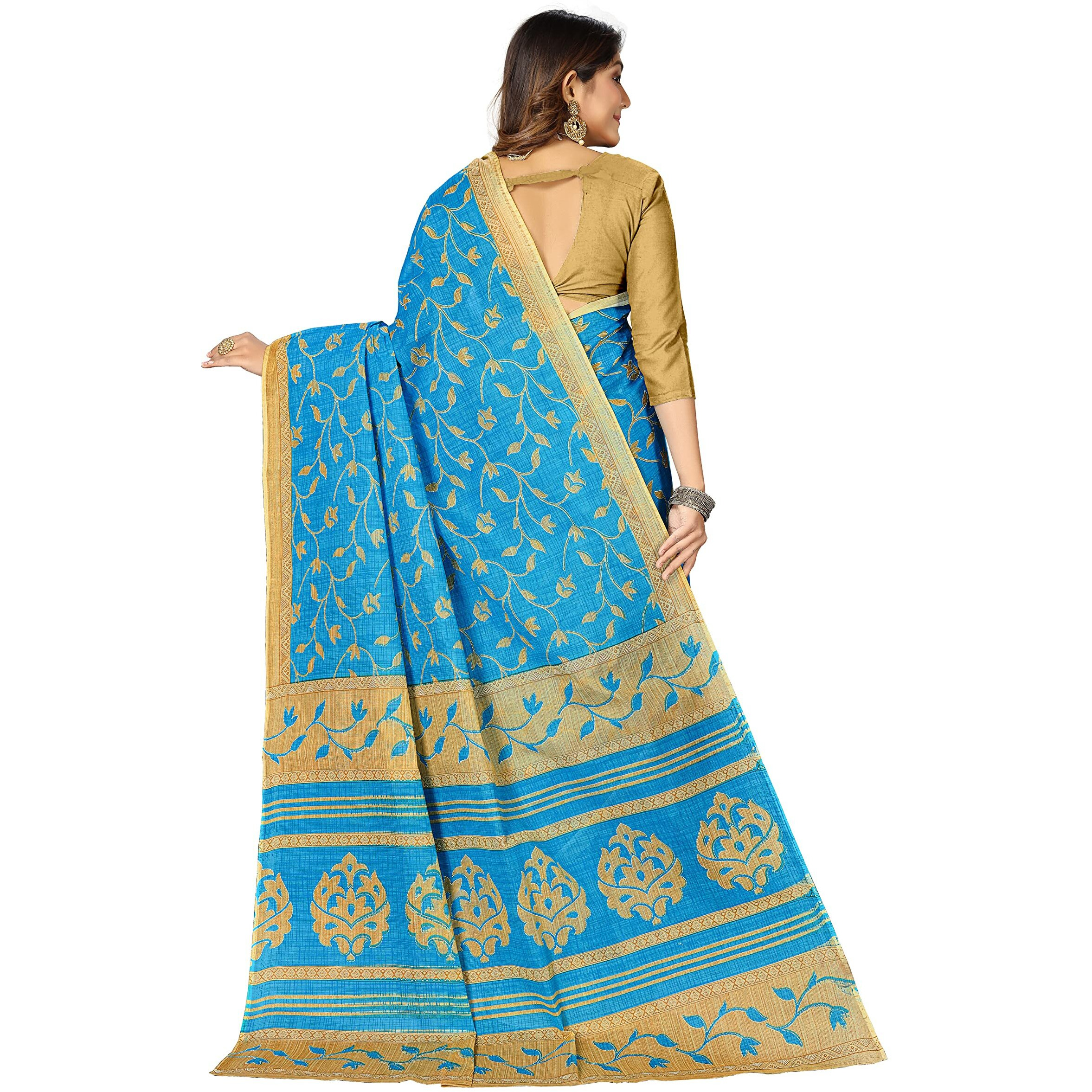 RATAN Womens Woven Cotton Saree Without Blouse Piece (Frsl-29256_Blue)