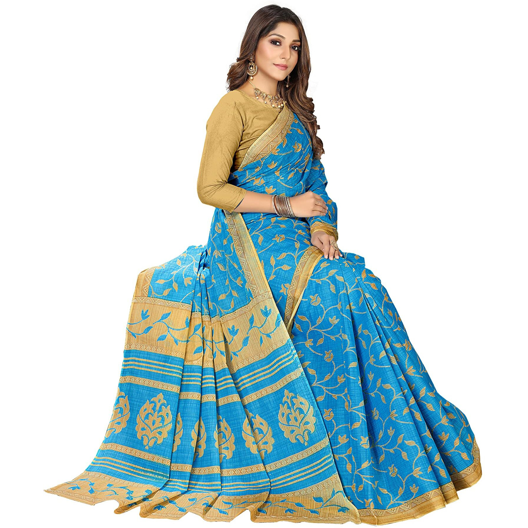 RATAN Womens Woven Cotton Saree Without Blouse Piece (Frsl-29256_Blue)