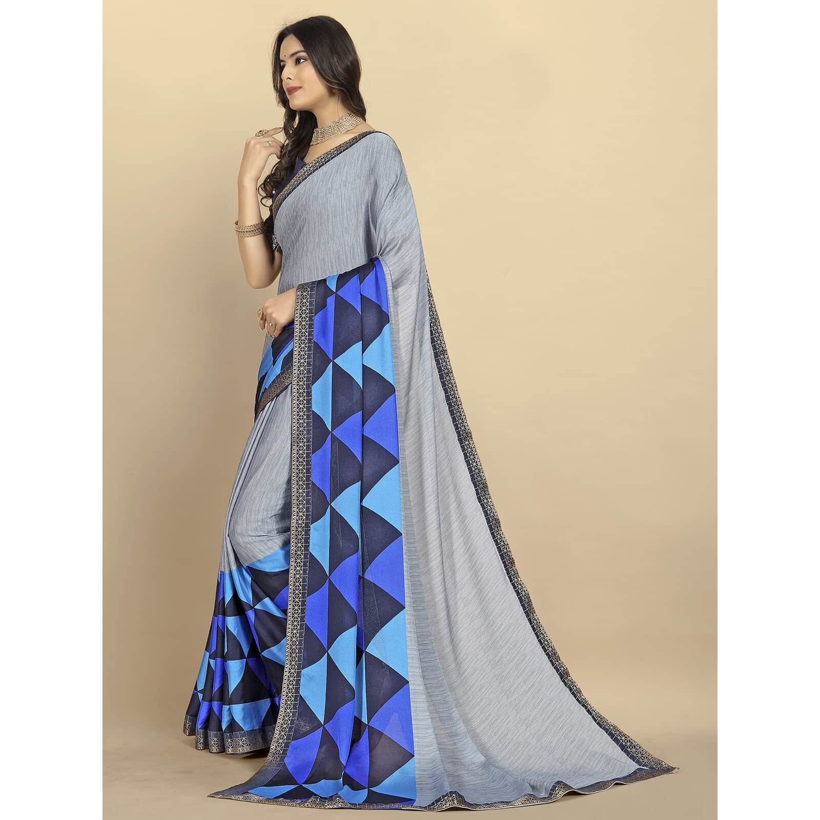 rangita Women Abstract Printed Moss Georgette Saree With Blouse Piece - Grey