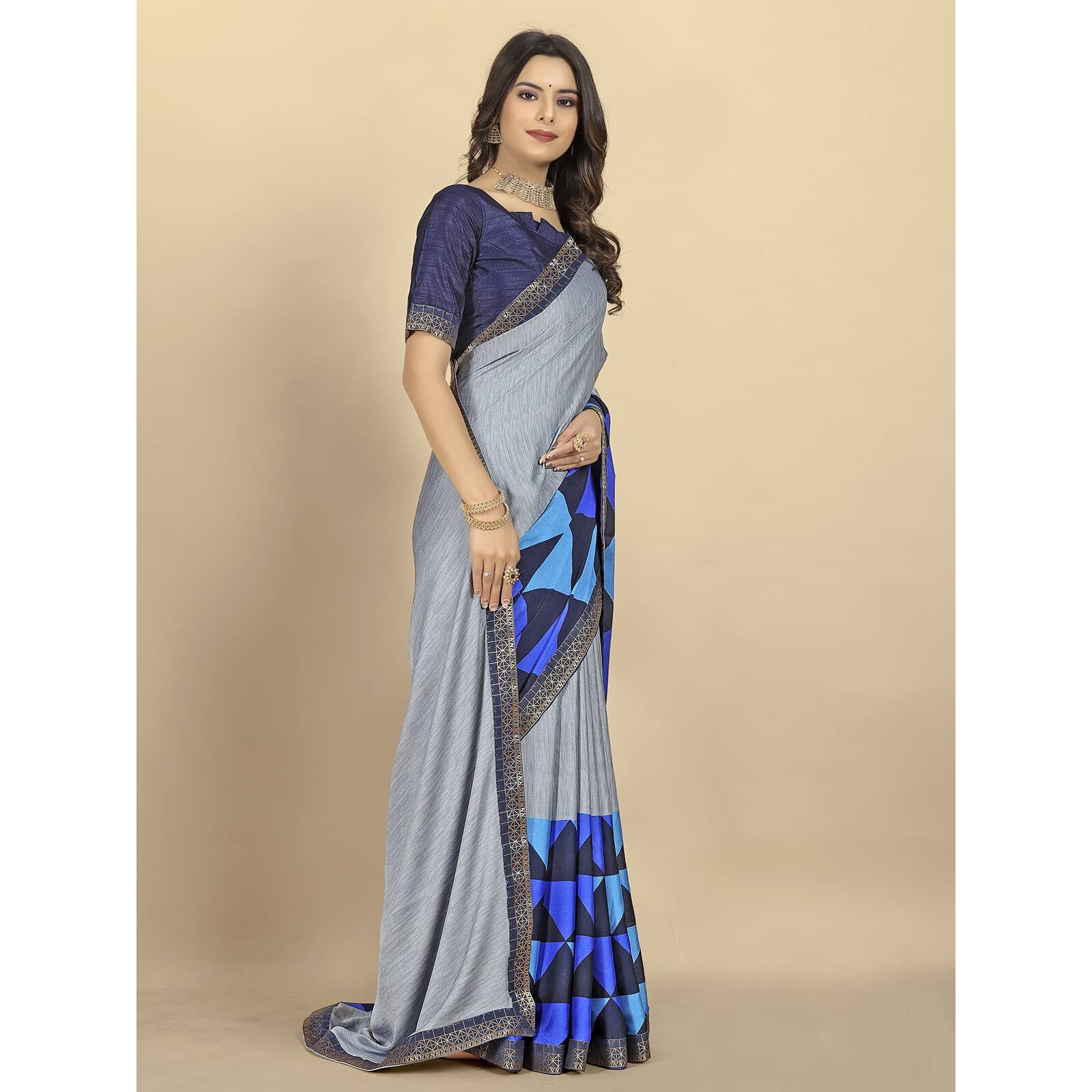 rangita Women Abstract Printed Moss Georgette Saree With Blouse Piece - Grey