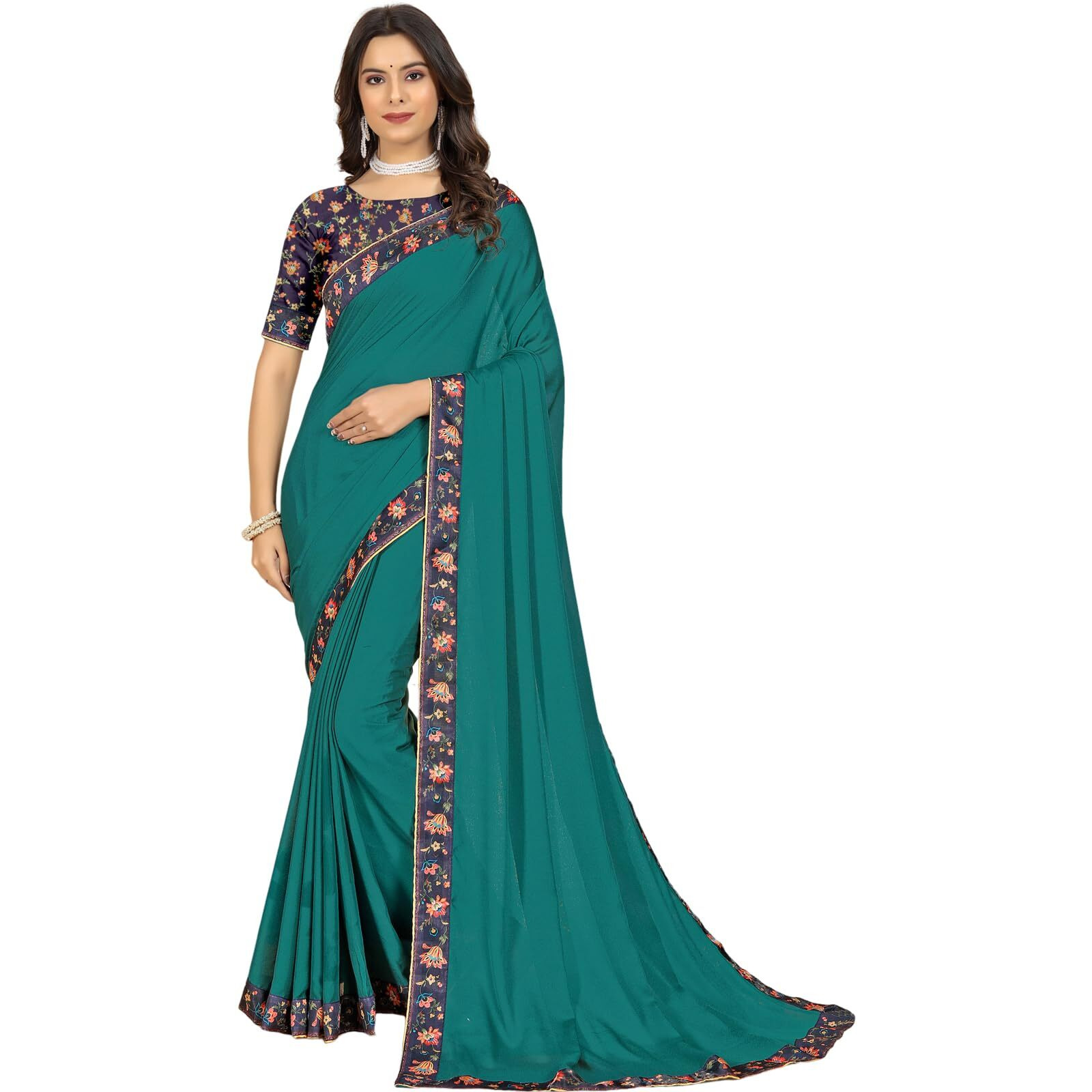 rangita Women Solid Moss Georgette Saree With Printed Border & Blouse Piece - Sea Green