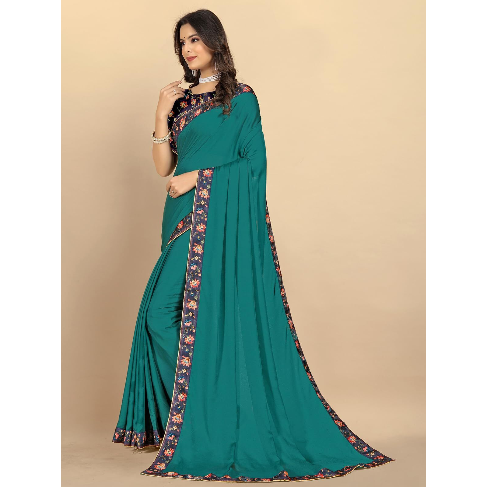 rangita Women Solid Moss Georgette Saree With Printed Border & Blouse Piece - Sea Green