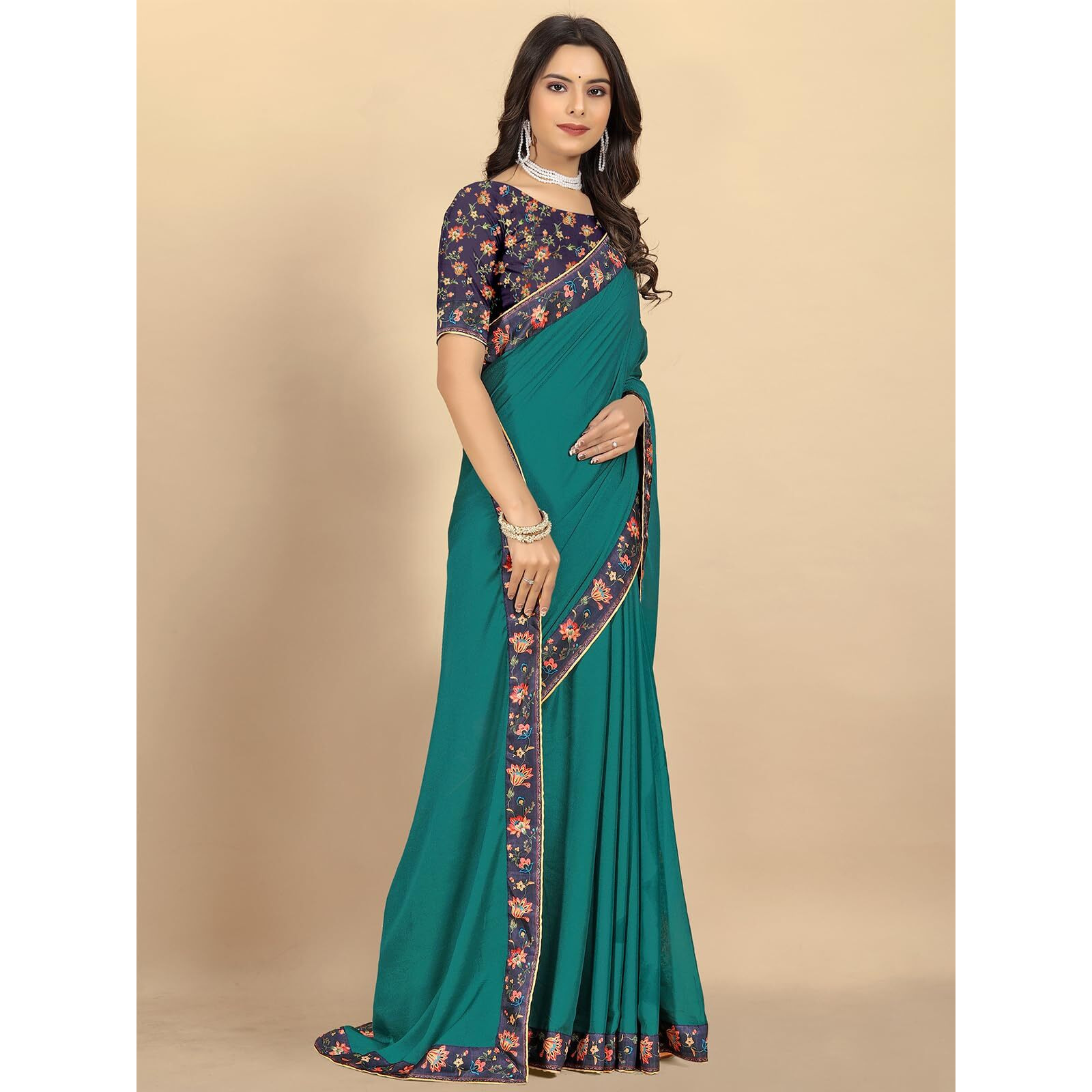 rangita Women Solid Moss Georgette Saree With Printed Border & Blouse Piece - Sea Green