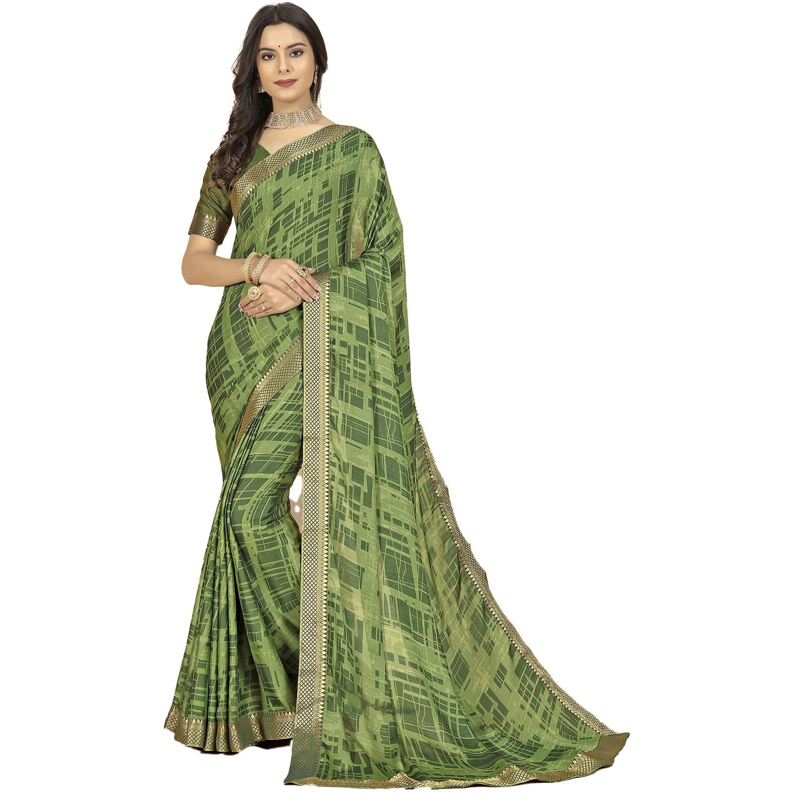 rangita Women Abstract Printed Moss Georgette Saree With Blouse Piece - Green (SIZE 5.5 MTR)