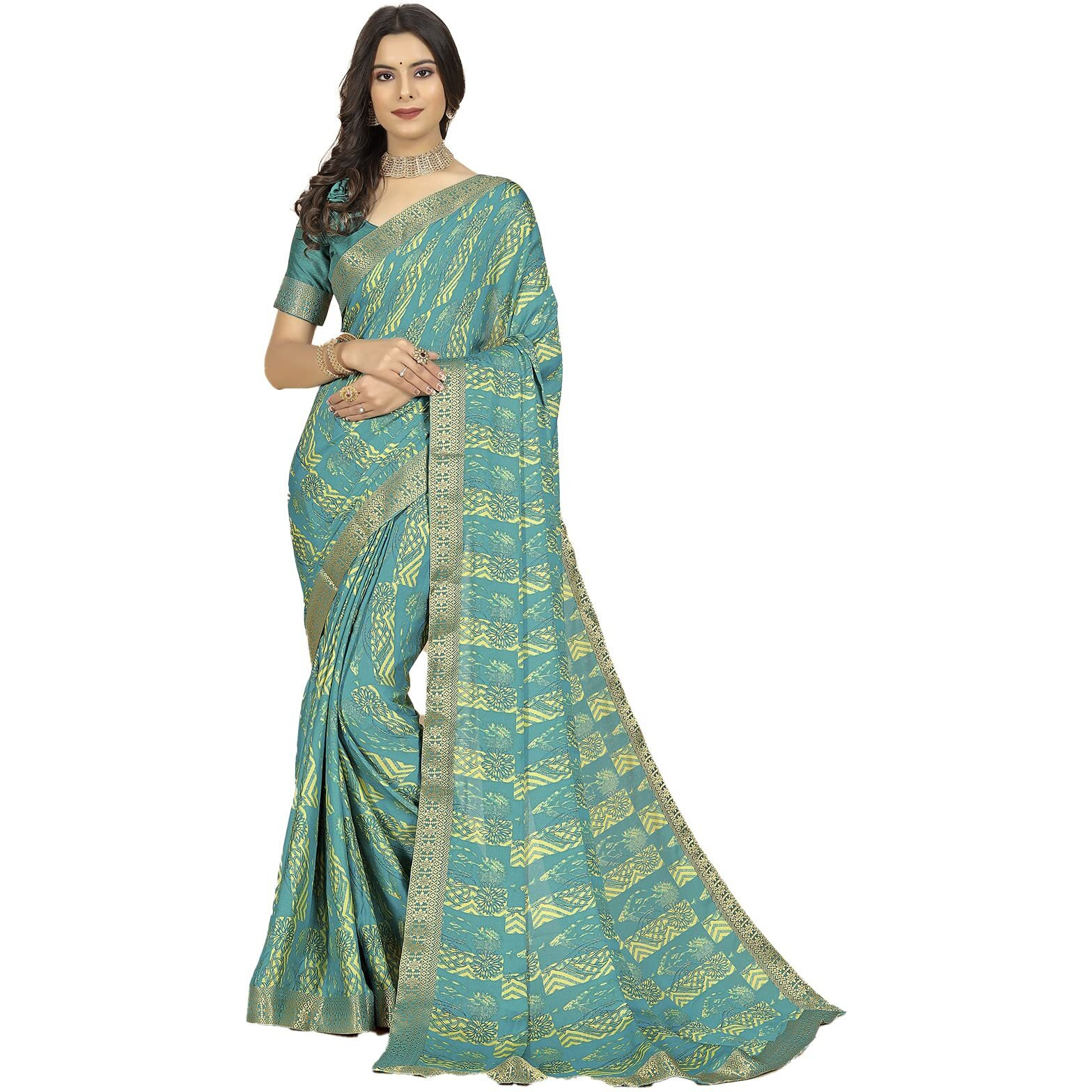 rangita Women Abstract Printed Moss Georgette Saree With Blouse Piece - Green (SIZE 5.5 MTR)