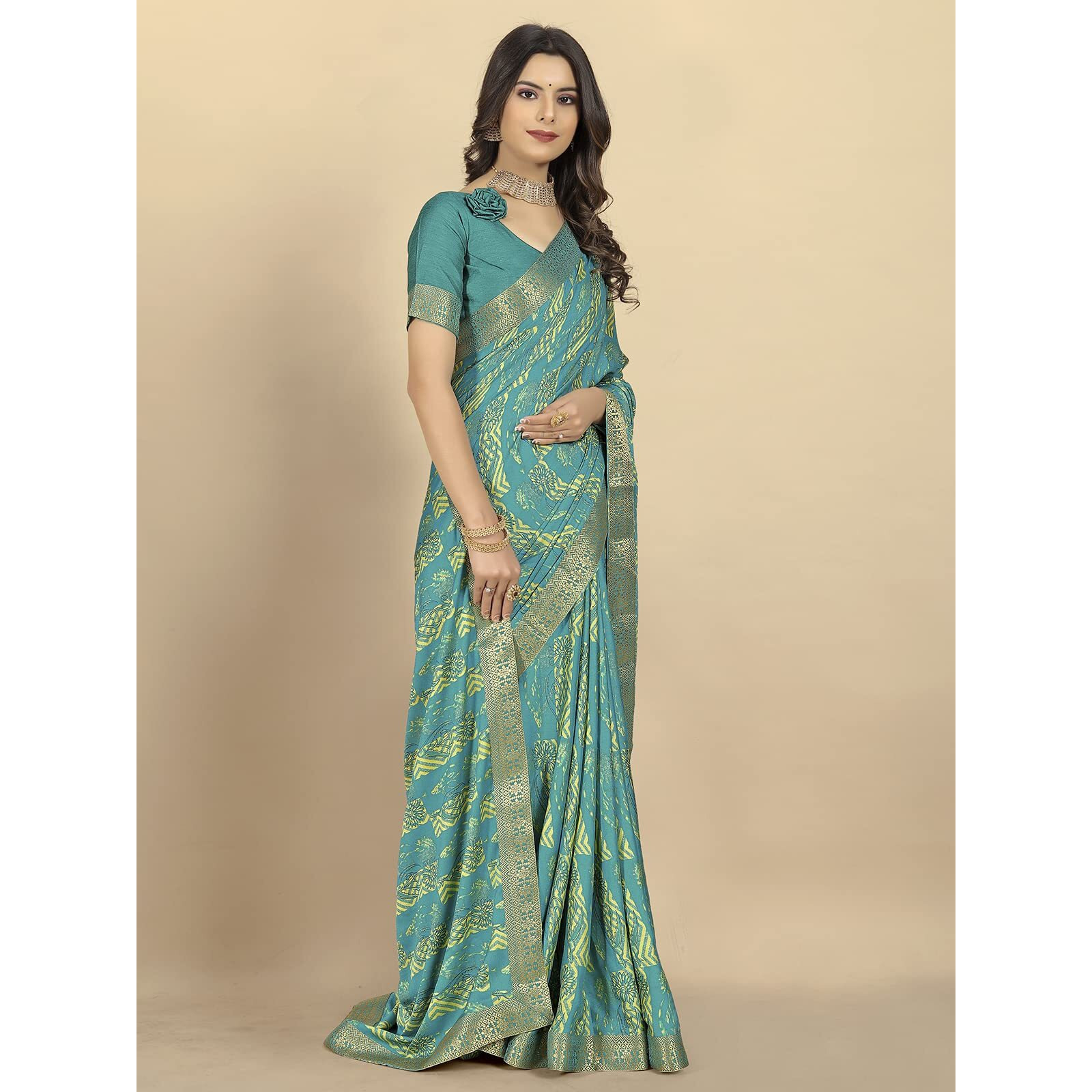 rangita Women Abstract Printed Moss Georgette Saree With Blouse Piece - Green (SIZE 5.5 MTR)