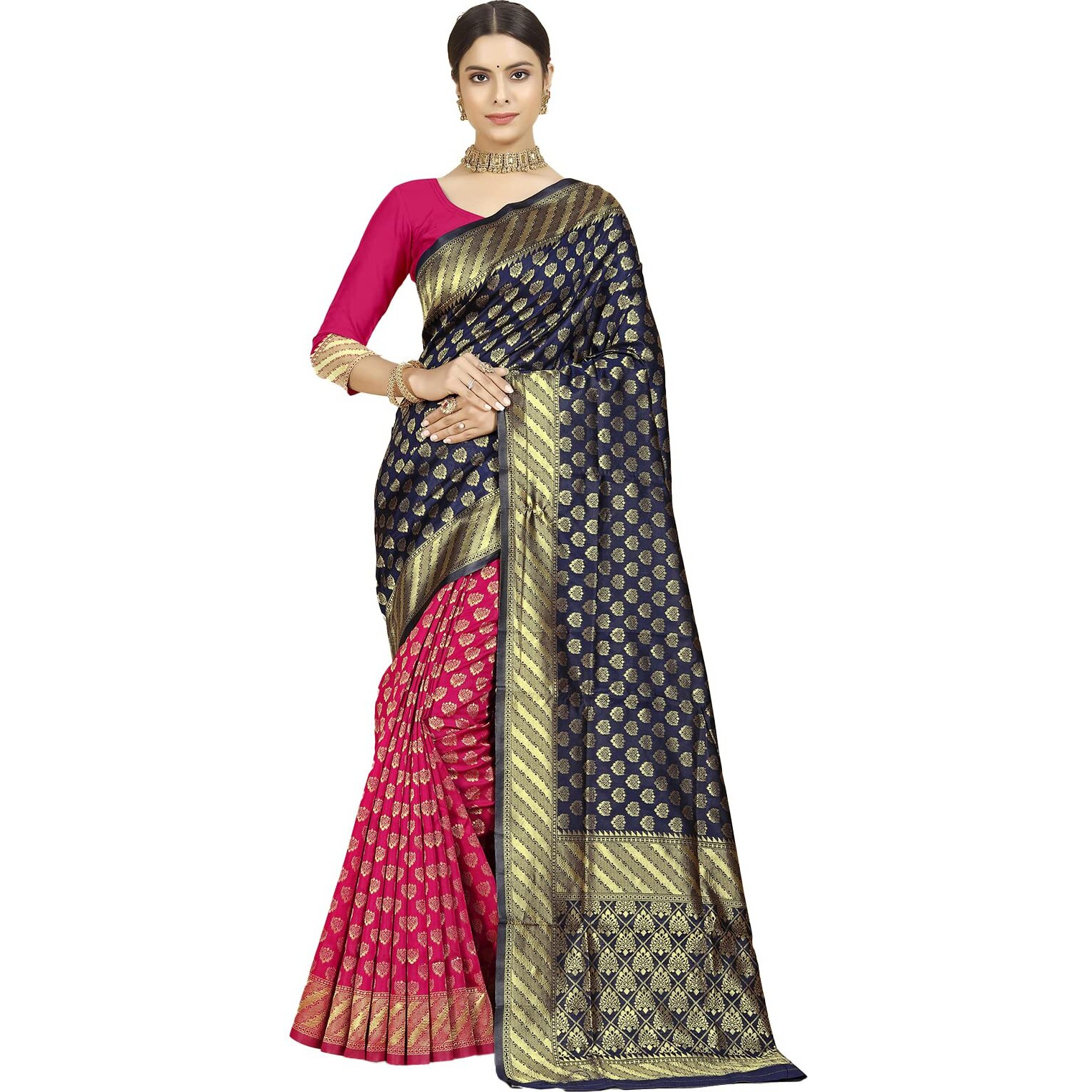 rangita Women Banarasi Silk Jacquard Saree With Blouse Piece - Navy Blue (SIZE 5.5 MTR)