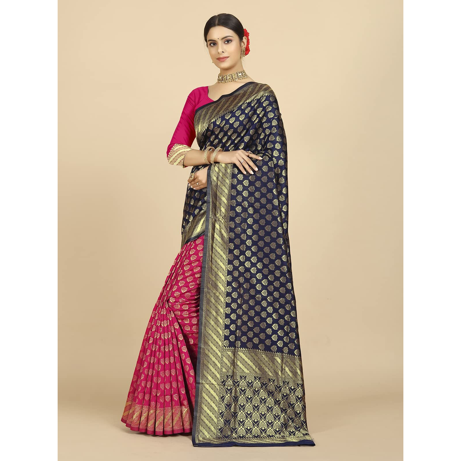 rangita Women Banarasi Silk Jacquard Saree With Blouse Piece - Navy Blue (SIZE 5.5 MTR)