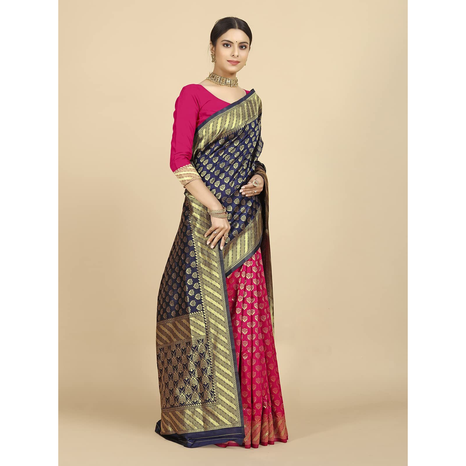 rangita Women Banarasi Silk Jacquard Saree With Blouse Piece - Navy Blue (SIZE 5.5 MTR)