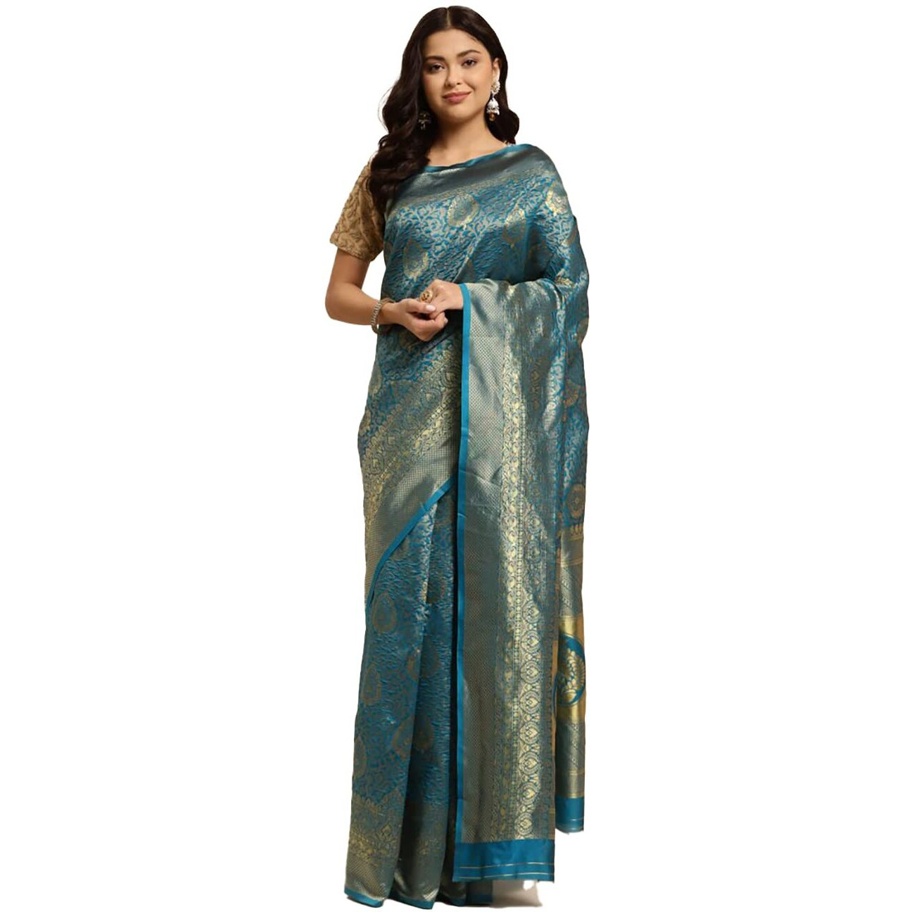 rangita Women Banarasi Silk Jacquard Saree With Blouse Piece - Skyblue