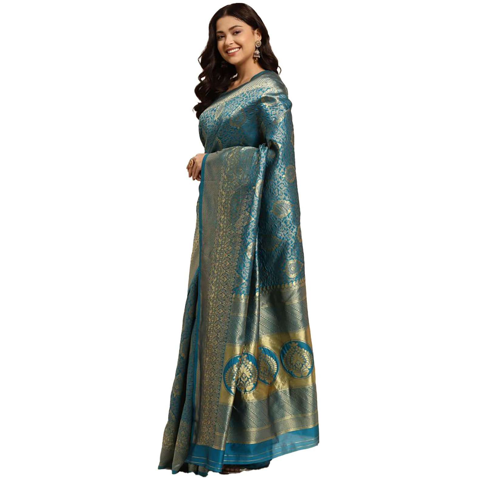 rangita Women Banarasi Silk Jacquard Saree With Blouse Piece - Skyblue