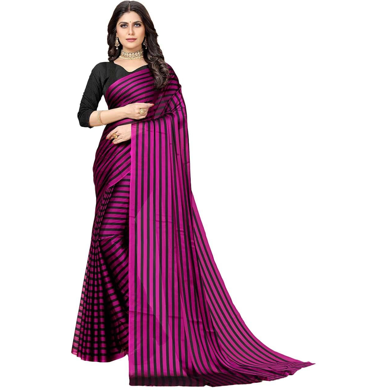 rangita Women Striped Georgette Saree With Blouse Piece - Purple (SIZE 5.5 MTR)