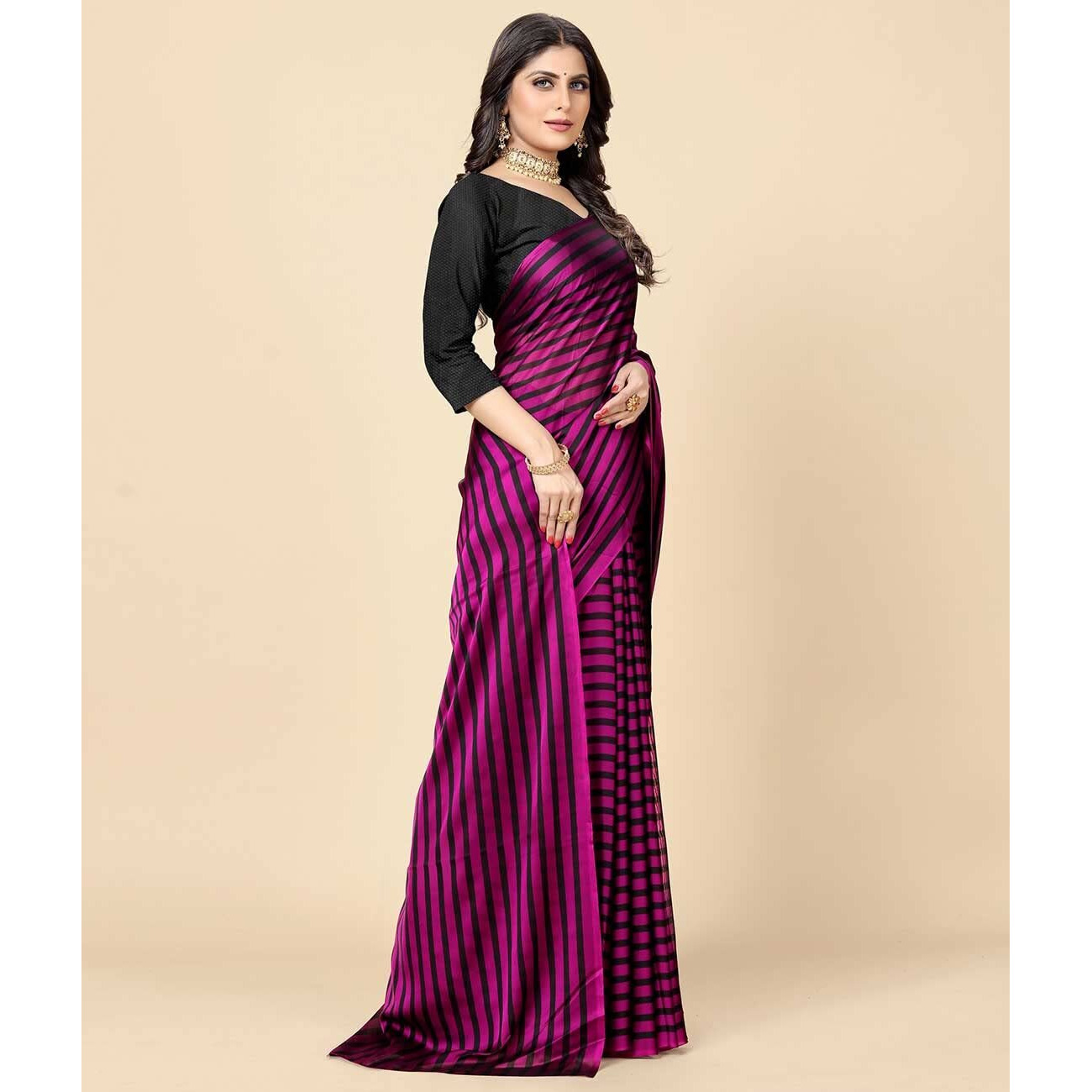 rangita Women Striped Georgette Saree With Blouse Piece - Purple (SIZE 5.5 MTR)