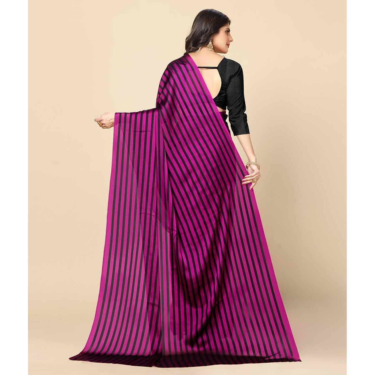 rangita Women Striped Georgette Saree With Blouse Piece - Purple (SIZE 5.5 MTR)