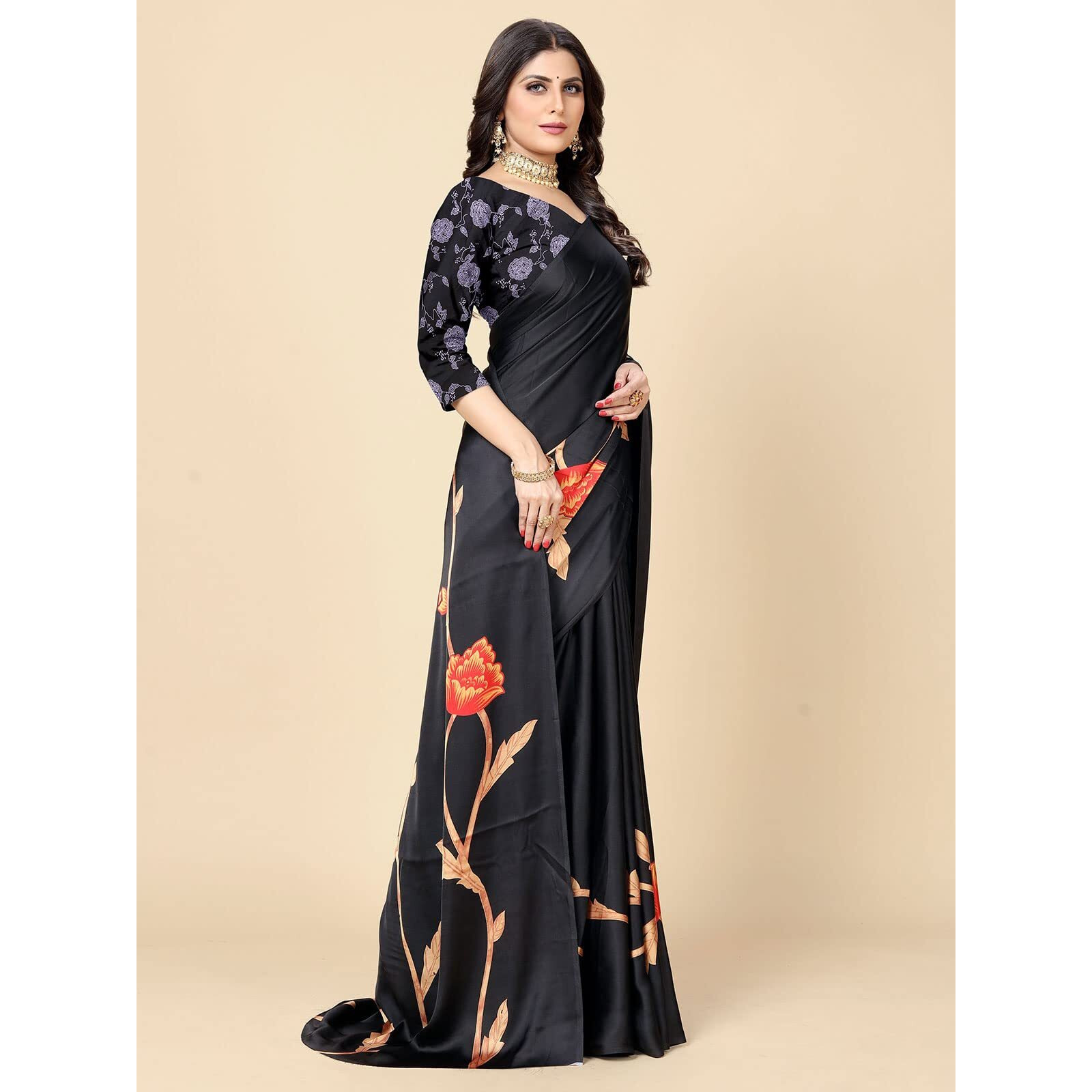 rangita Women Abstract Printed Crepe Saree With Blouse Piece - Black (SIZE 5.5 MTR)