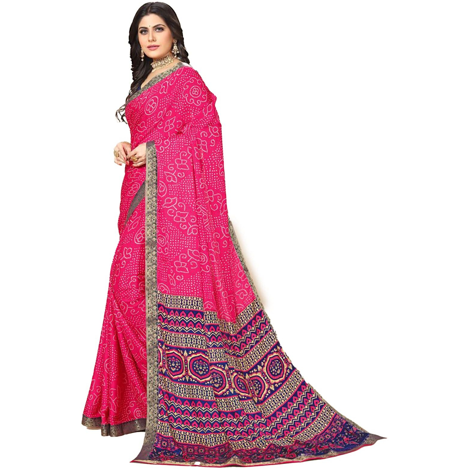 rangita Women Bandhej Printed Moss Georgette Saree With Blouse Piece - Pink (SIZE 5.5 MTR)