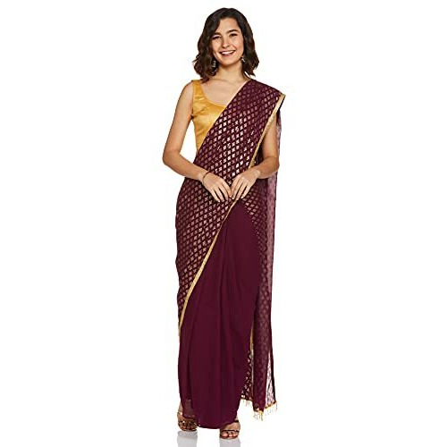 Indya Georgette A-Line Wine Embellished Pleated Pre-Stitched Saree