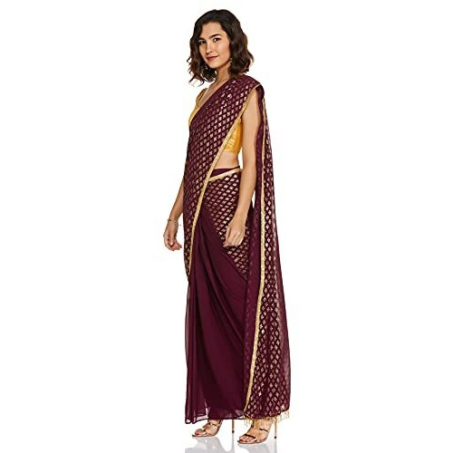 Indya Georgette A-Line Wine Embellished Pleated Pre-Stitched Saree