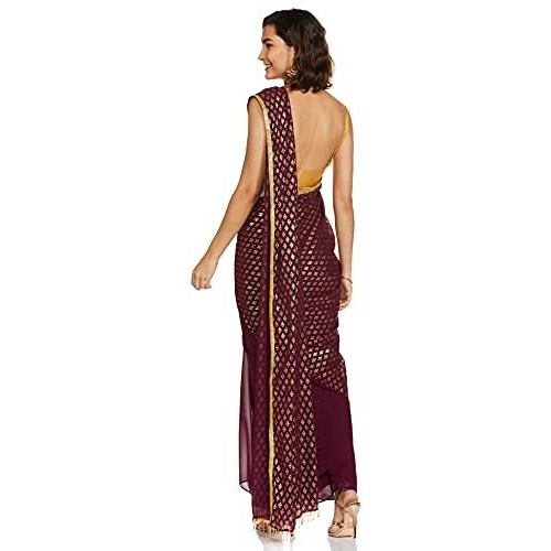 Indya Georgette A-Line Wine Embellished Pleated Pre-Stitched Saree