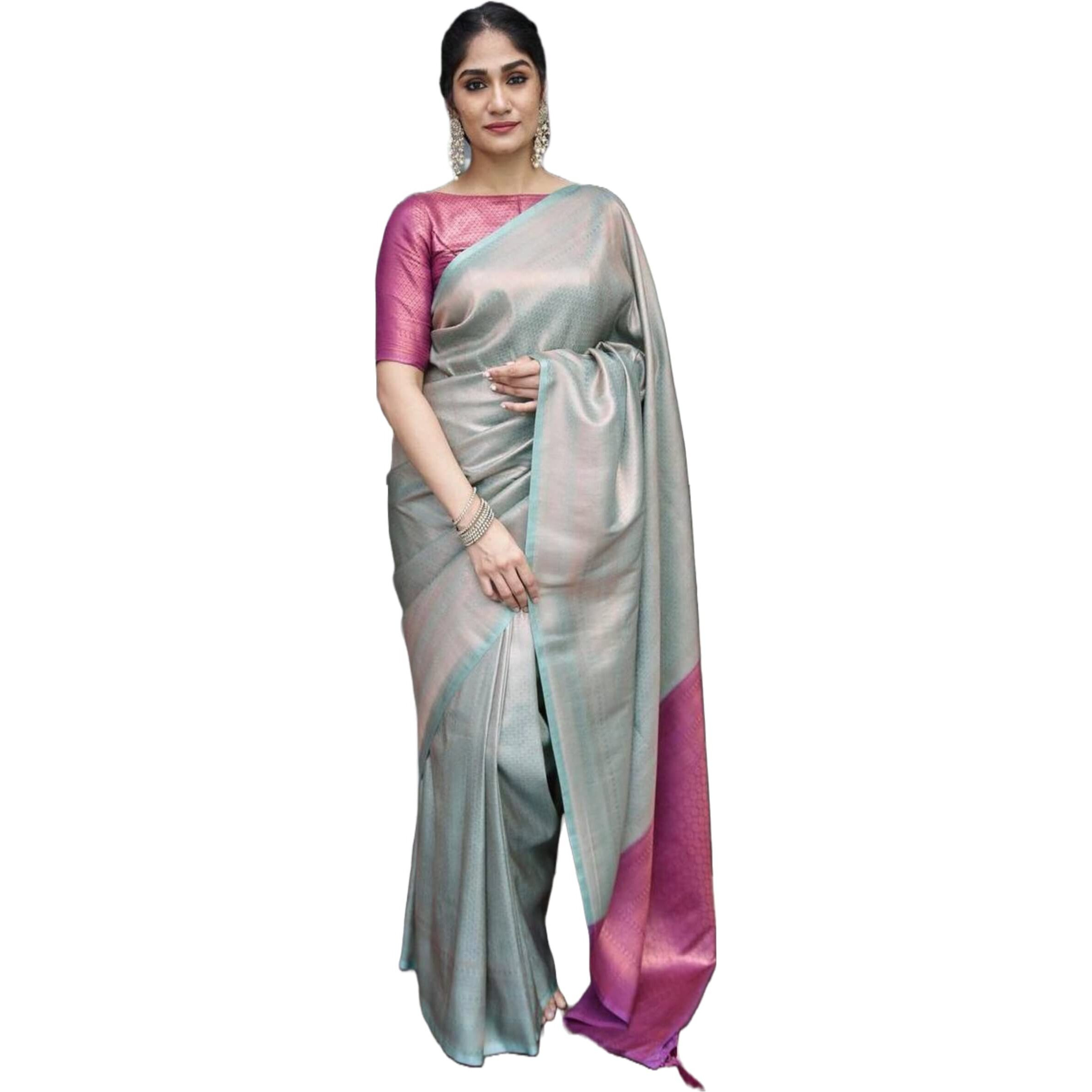 SGF11 Womens Kanjivaram Soft Lichi Silk Saree With Blouse Piece (Grey Purple)