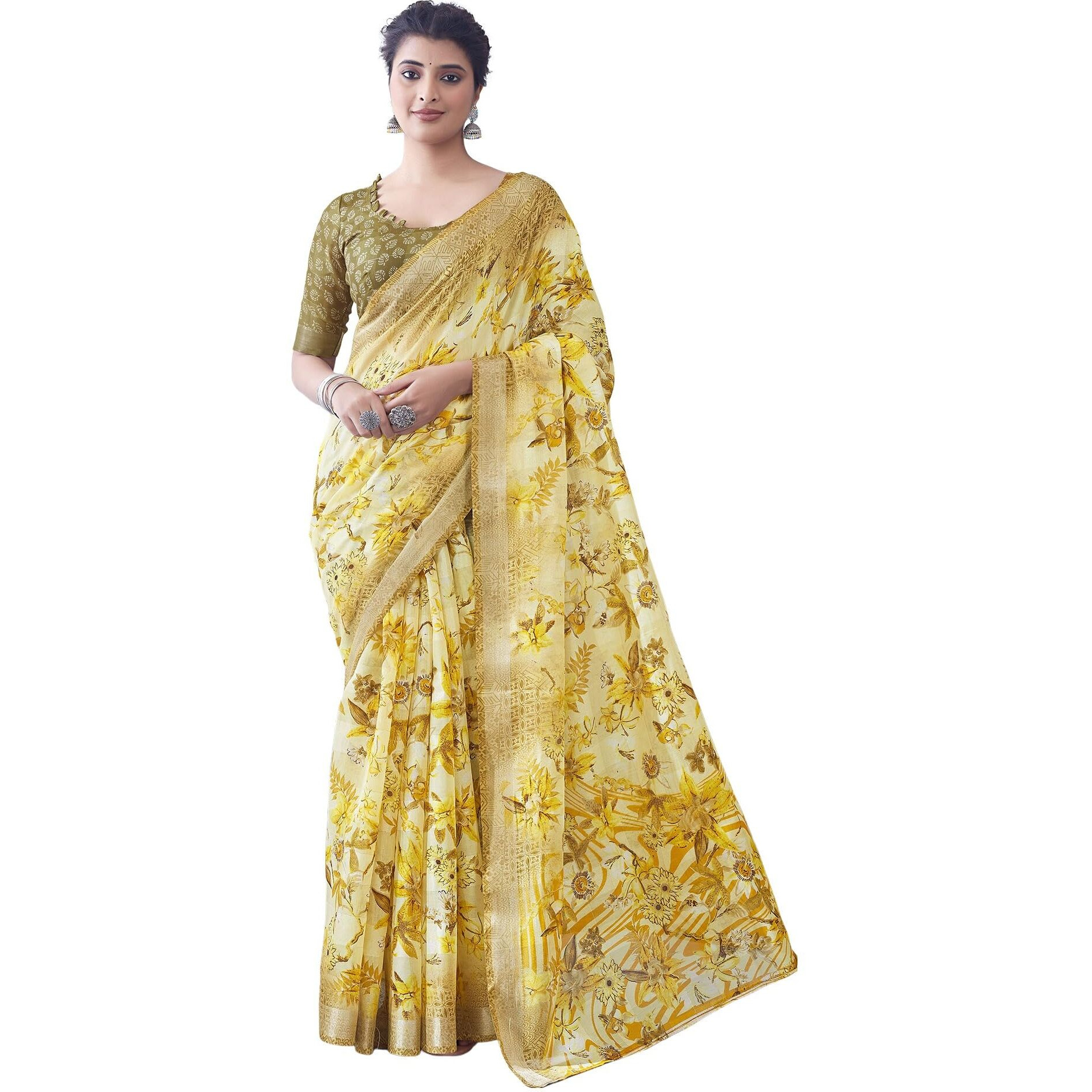 SIRIL Womens Cotton Blend Floral Printed Zari Stripe Saree With Unstitched Blouse Piece (3704S1387_Yellow & Beige)