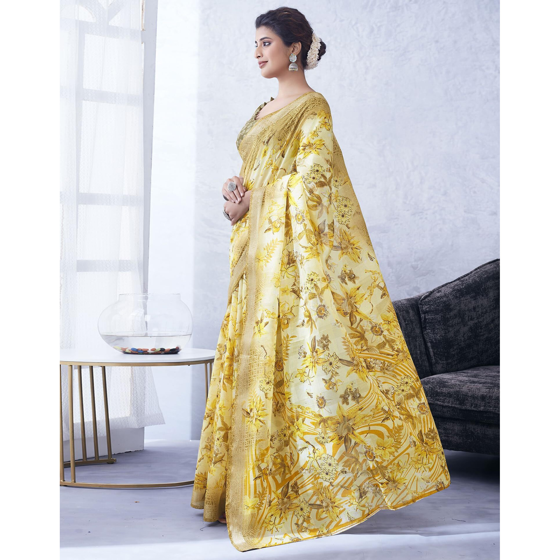 SIRIL Womens Cotton Blend Floral Printed Zari Stripe Saree With Unstitched Blouse Piece (3704S1387_Yellow & Beige)