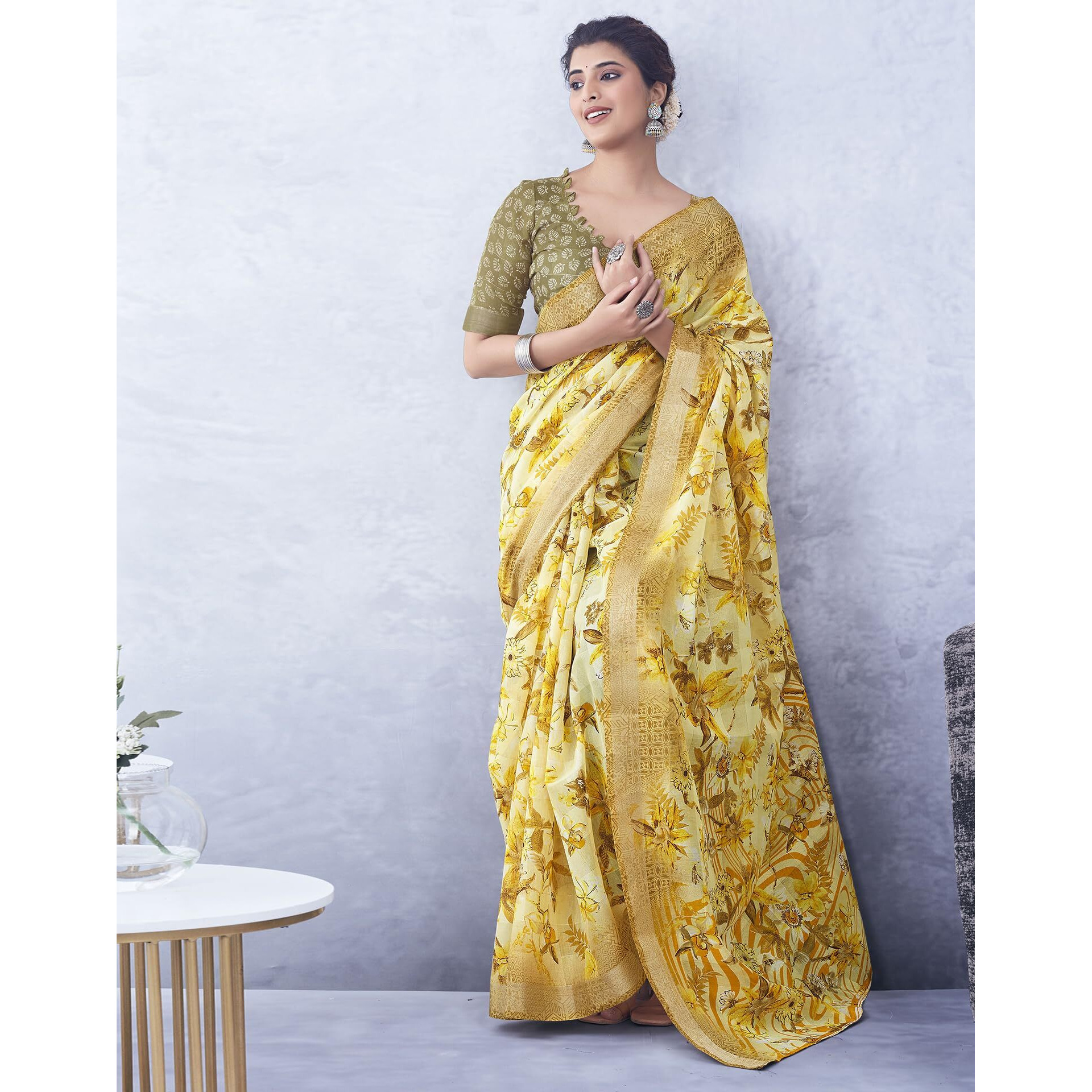 SIRIL Womens Cotton Blend Floral Printed Zari Stripe Saree With Unstitched Blouse Piece (3704S1387_Yellow & Beige)