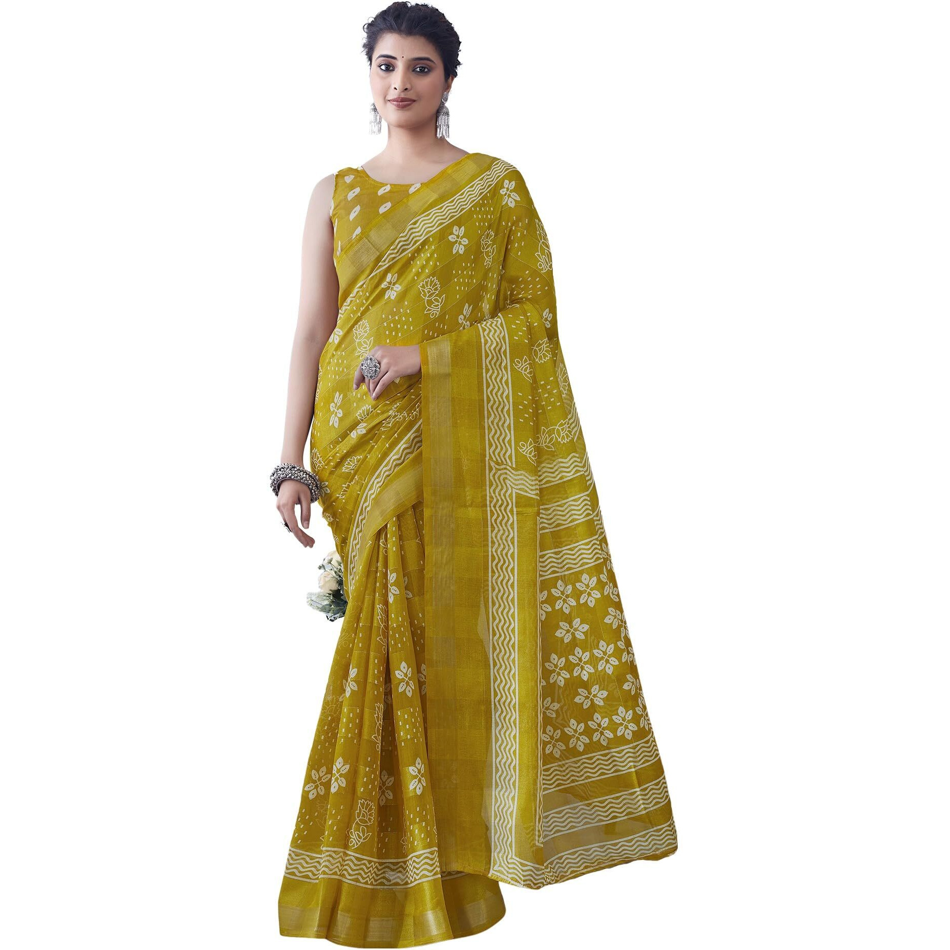 SIRIL Womens Cotton Blend Floral Printed Zari Stripe Saree With Unstitched Blouse Piece (3704S1381_Yellow)