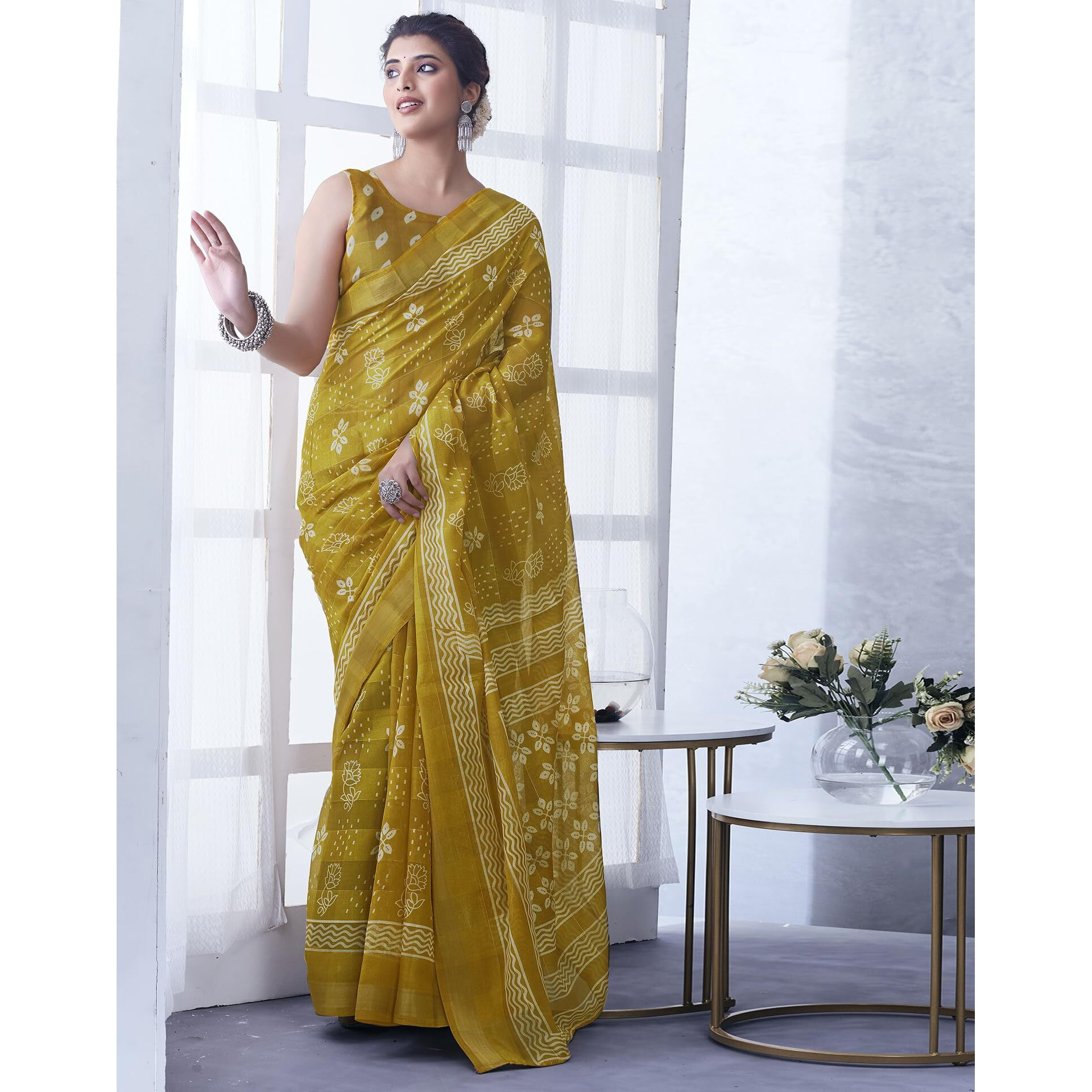 SIRIL Womens Cotton Blend Floral Printed Zari Stripe Saree With Unstitched Blouse Piece (3704S1381_Yellow)