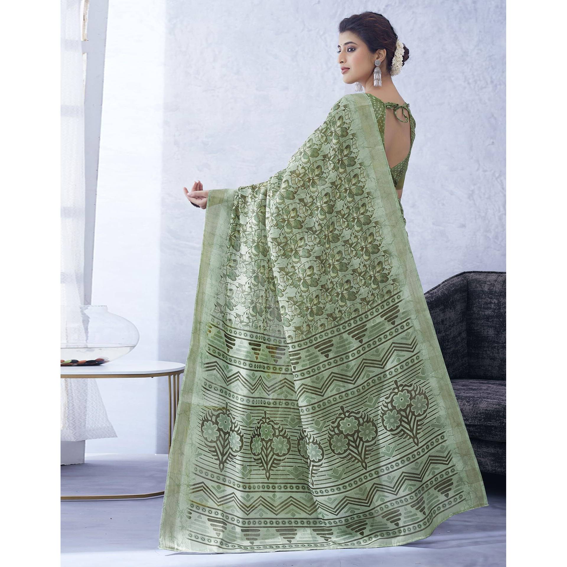 SIRIL Womens Cotton Blend Floral Printed Zari Stripe Saree With Unstitched Blouse Piece (3704S1386_Pista Green)