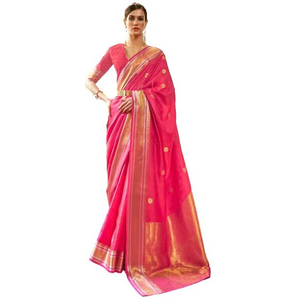 SWORNOF Womens Kanjivaram Soft Silk Saree Patola saree With Blouse Piece (RANI)