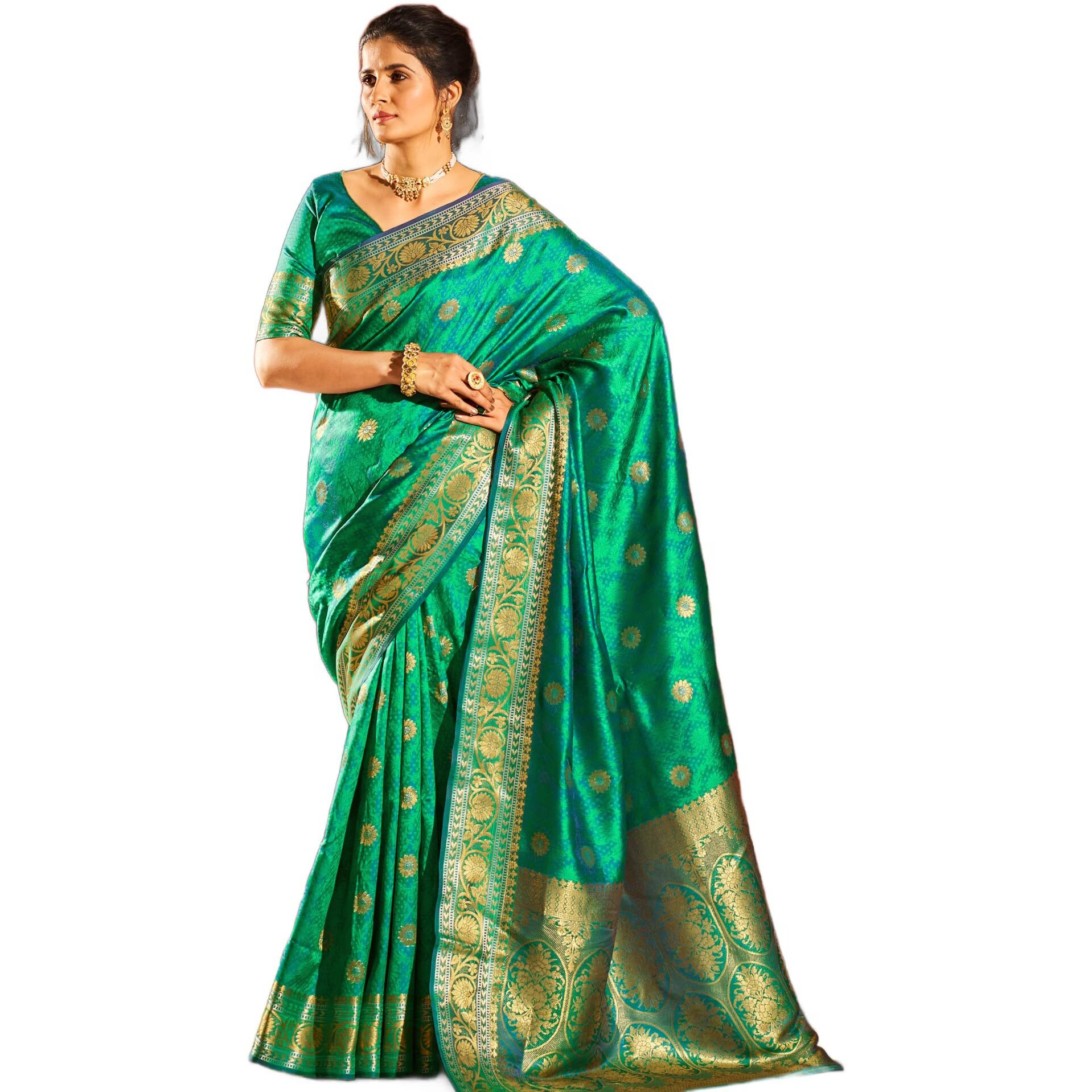 SWORNOF Womens Kanjivaram Soft Silk Saree Patola saree With Blouse Piece (GREEN)