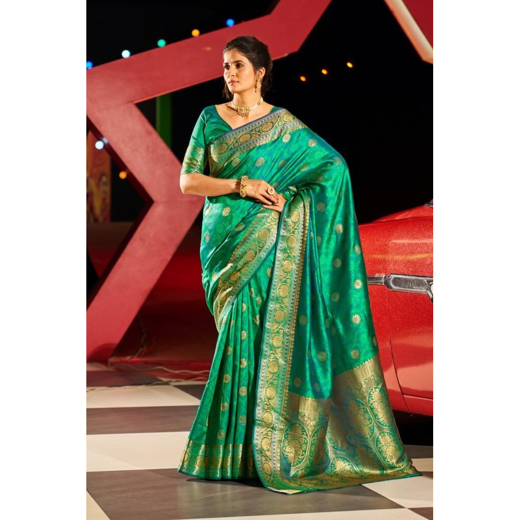 SWORNOF Womens Kanjivaram Soft Silk Saree Patola saree With Blouse Piece (GREEN)